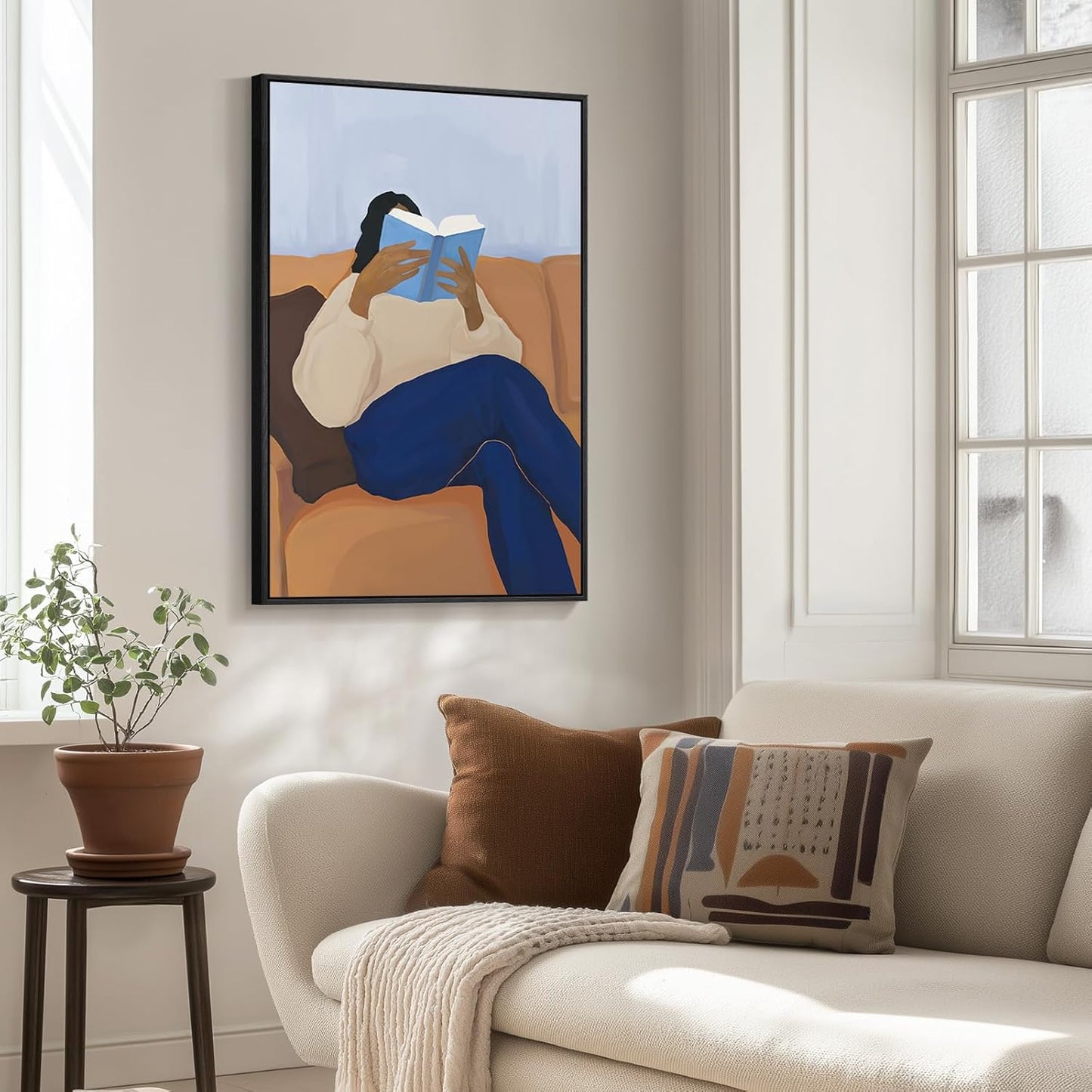Framed Black Woman Reading Wall Art for Living Room, Modern Funny Blue Book Brown Canvas Picture Artwork, Funny Portrait Painting Prints for Dining Room Hallway Home Office Wall Decor, 24x36 Inch