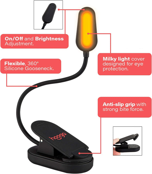 hooga Amber Book Light, Rechargeable Clip-On Blue Light Blocking LED Reading Light, 1600K Warm Eye Care for Bed, Students, Kids, Travel, Nursing, Studying