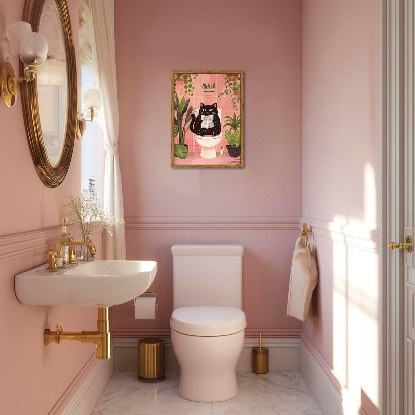 Framed Funny Bathroom Black Cat Canvas Wall Art Set of 2, Cute Cat Reading Newspaper on Toilet Pictures Wall Decor, Humor Animal in Bathtub Paintings Prints for Restroom 16x24 inch