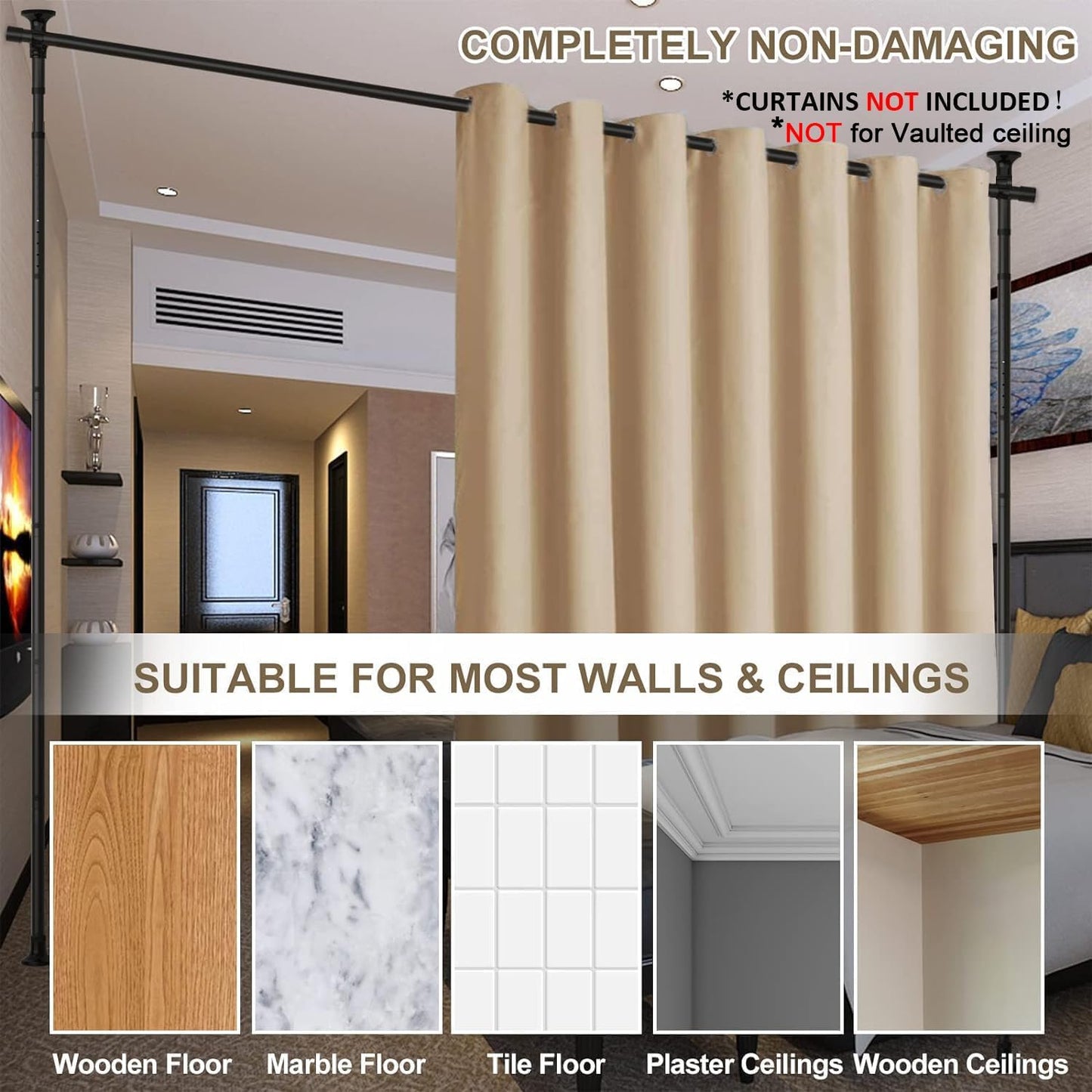 Room Divider, No Drilling Curtain Rod Wall Divider for Space Partition, Adjustable 4-10ft(H) 28-70inch(W) Heavy Duty Floor to Ceiling Tension Rod Dividers Temporary Privacy Separator Window Rods Black