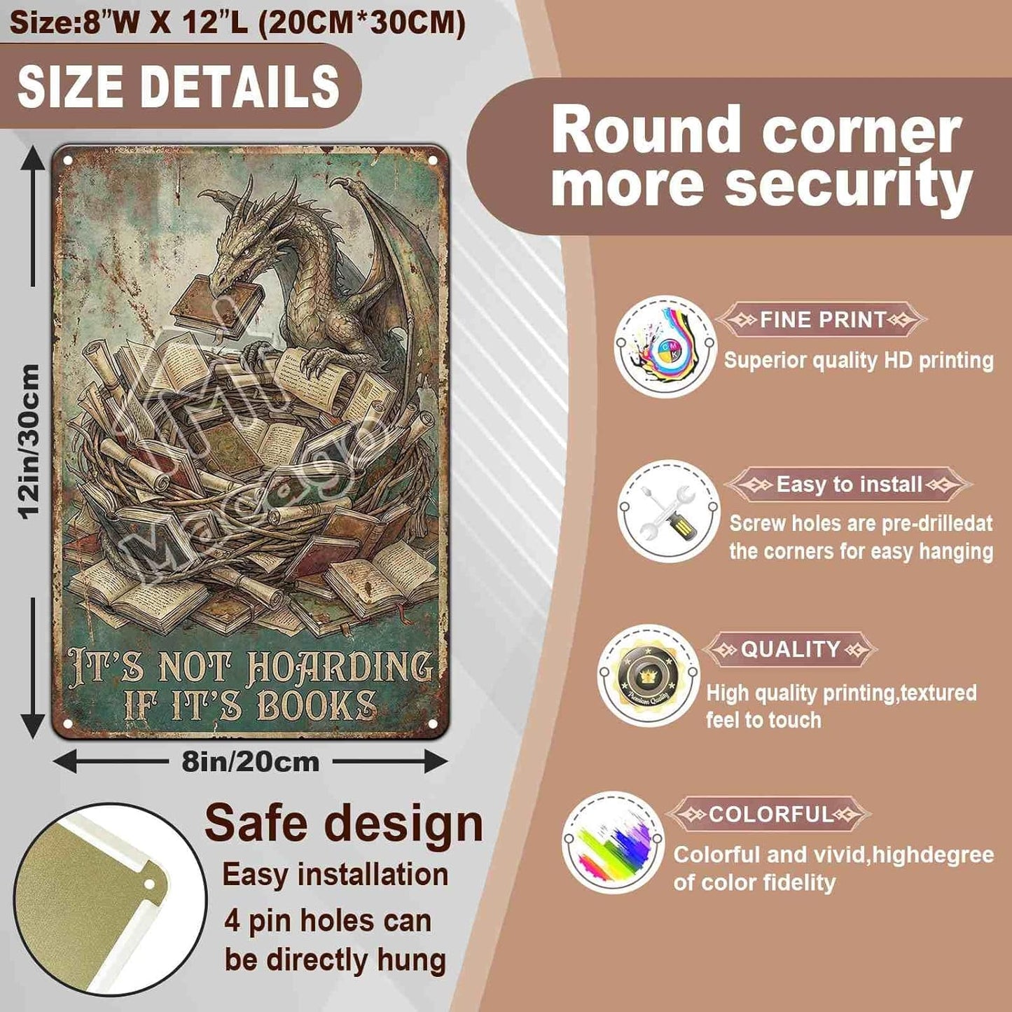 Dragon Book Hoard Tin Sign - It's Not Hoarding If It's Books - Funny Book Lover Gift for Librarian or Fantasy Reader - Retro Metal Wall Plaque for Bookshelf & Reading Corner Decor 8x12