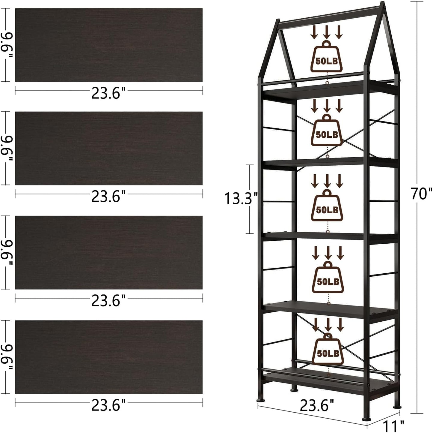 5-Tier Bookshelf, Standing Shelf Units,Tall Standing Bookcase, Modern Display Shelf Unit Storage Organizer Rack for Study Room Home Office,Black