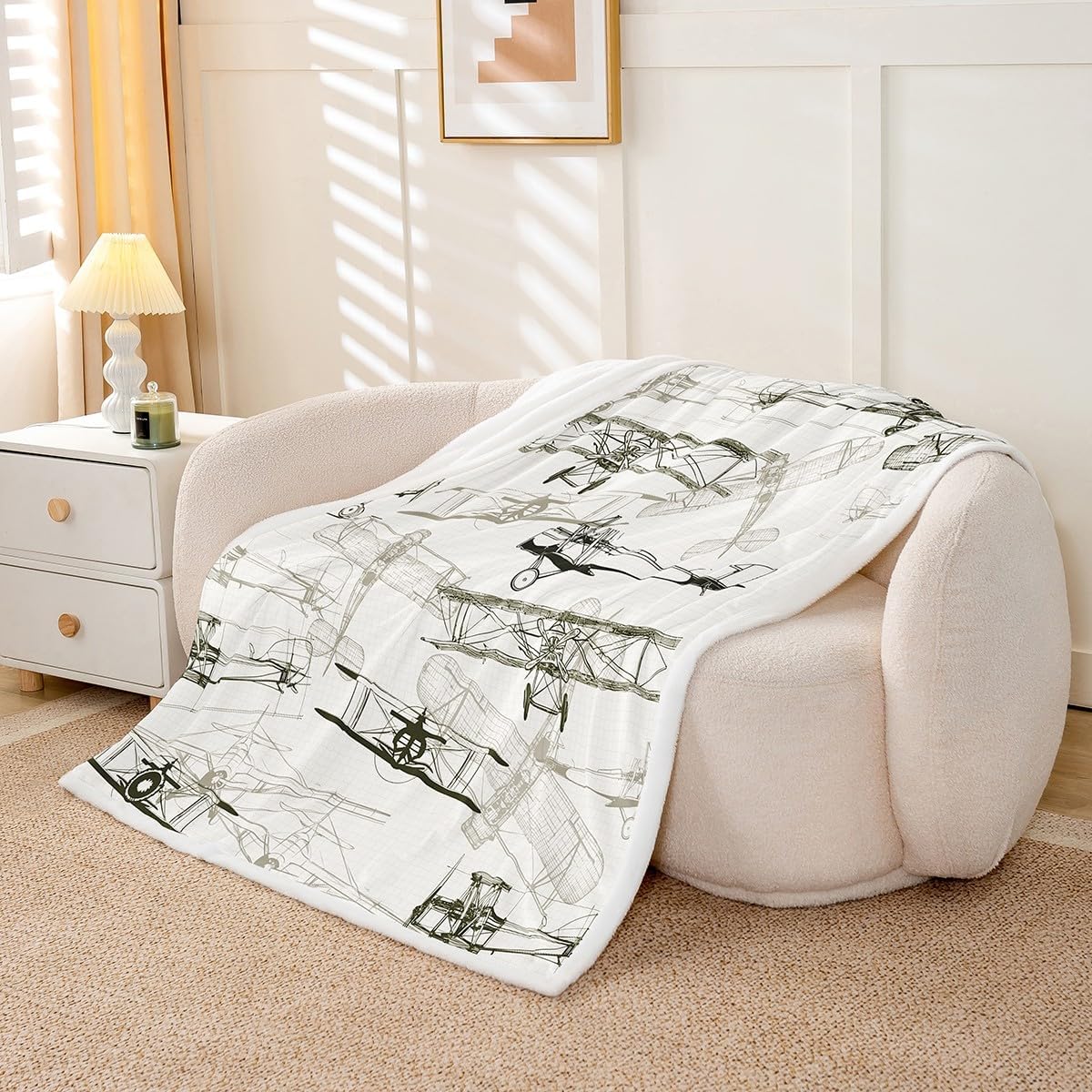 Aircraft Kids Throw Blanket,American Airplane Retro Bed Blanket for Girls Boys Adults,Air Vehicles Airplane Fleece Blanket,Beige Black Vintage Fuzzy Blanket,Throw Size (50 x 60 Inches)