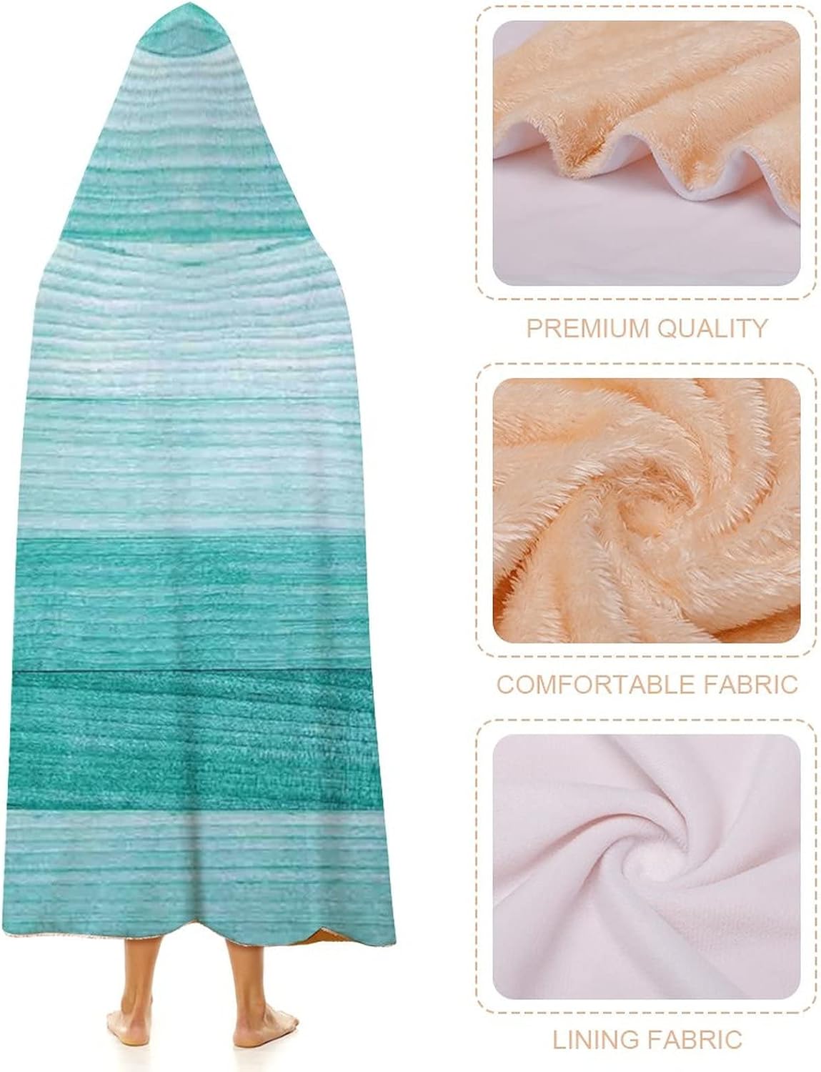 Throw Blankets, Teal Decor Wearable Hooded Blanket for Adults, Painted Wood Texture Penal Horizontal Lines, Soft Warm Cozy, 50 x 60inches, Studying Reading Snuggling Napping Office, Turquoise
