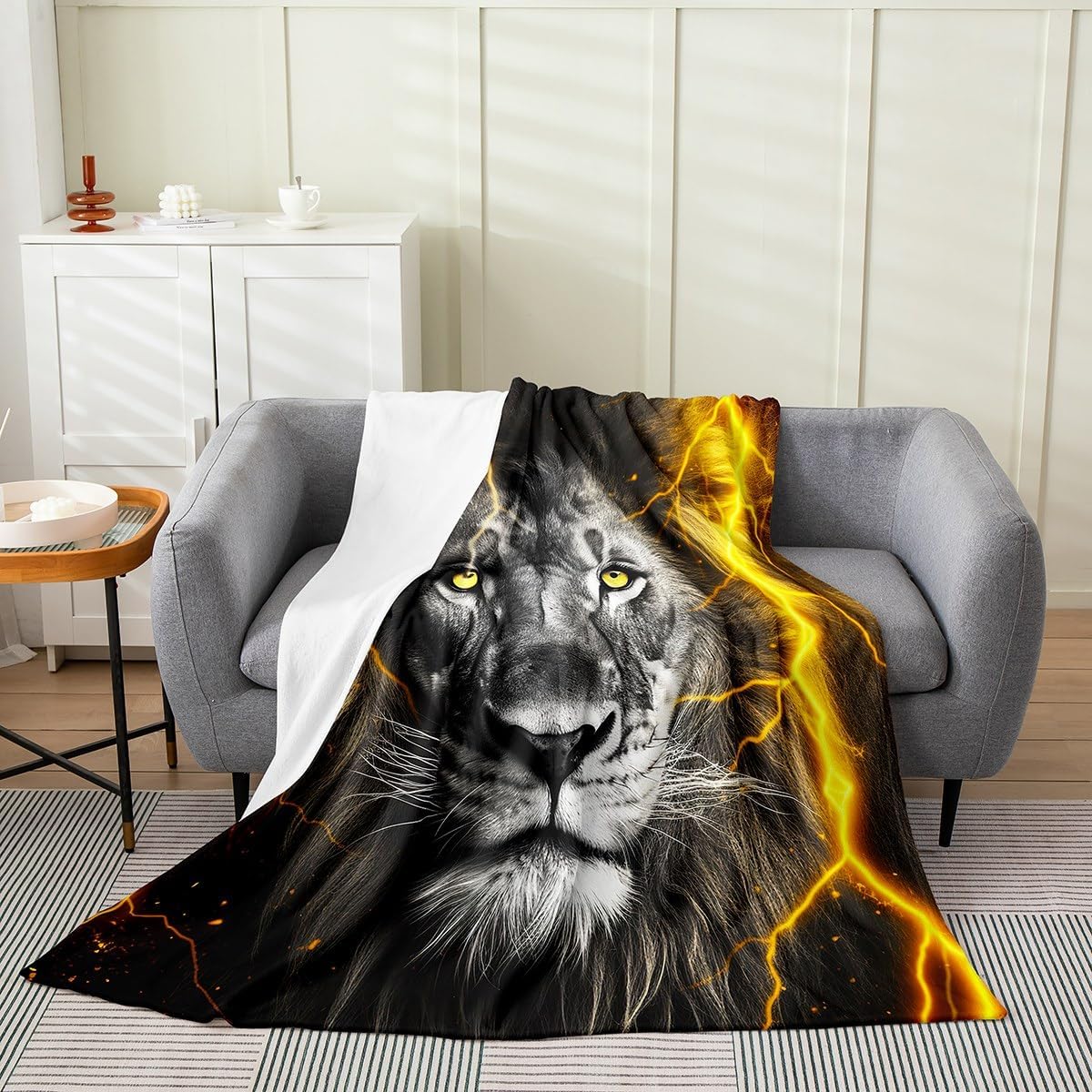 Erosebridal Boys Wild Lion Throw Blanket for Adult Teens Men,Yellow Lightning Fleece Blanket Glitter Lion Blanket African Safari Animal Bed Blanket for Home Room Decor,Warm All Season Twin 60x80