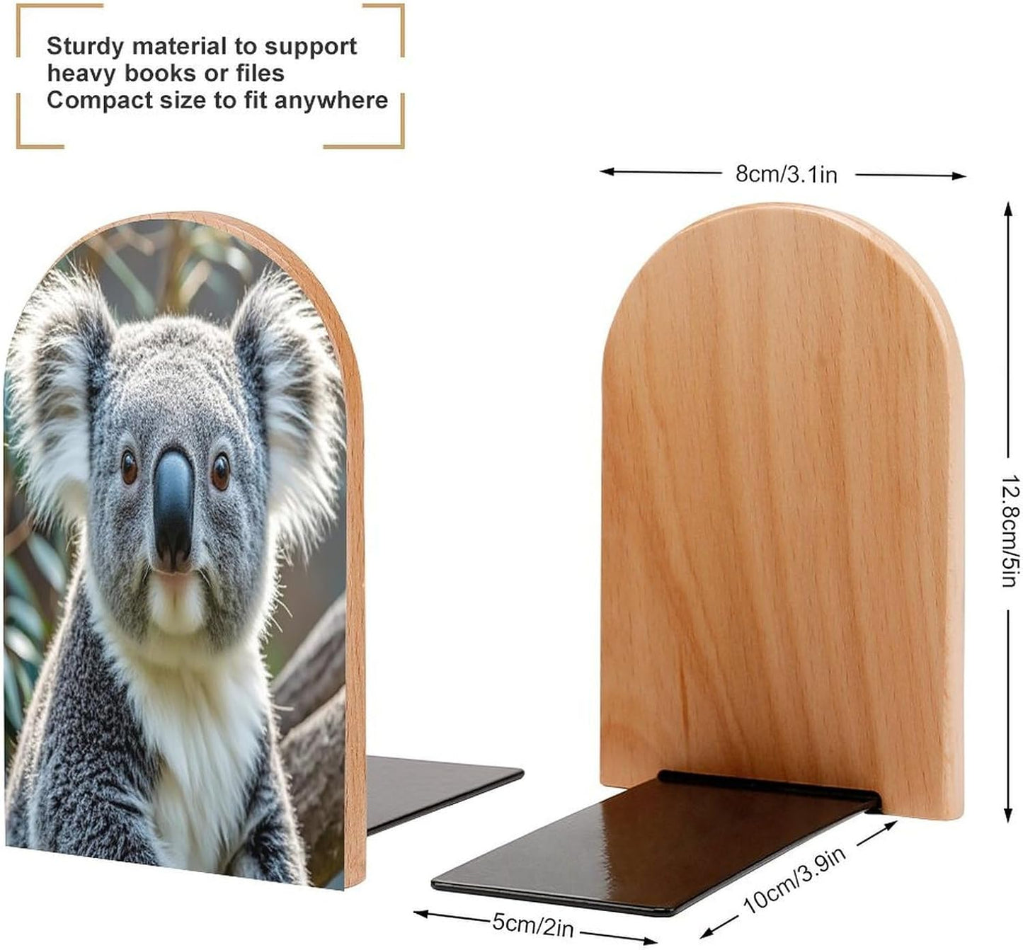 Lovely Koala Bookends 1 Pair Heavy Duty Book Ends for Shelves Non-Skid Bookend Supports Wooden Book Holders with Metal Base Desk Organizers Books Storage to Hold Books