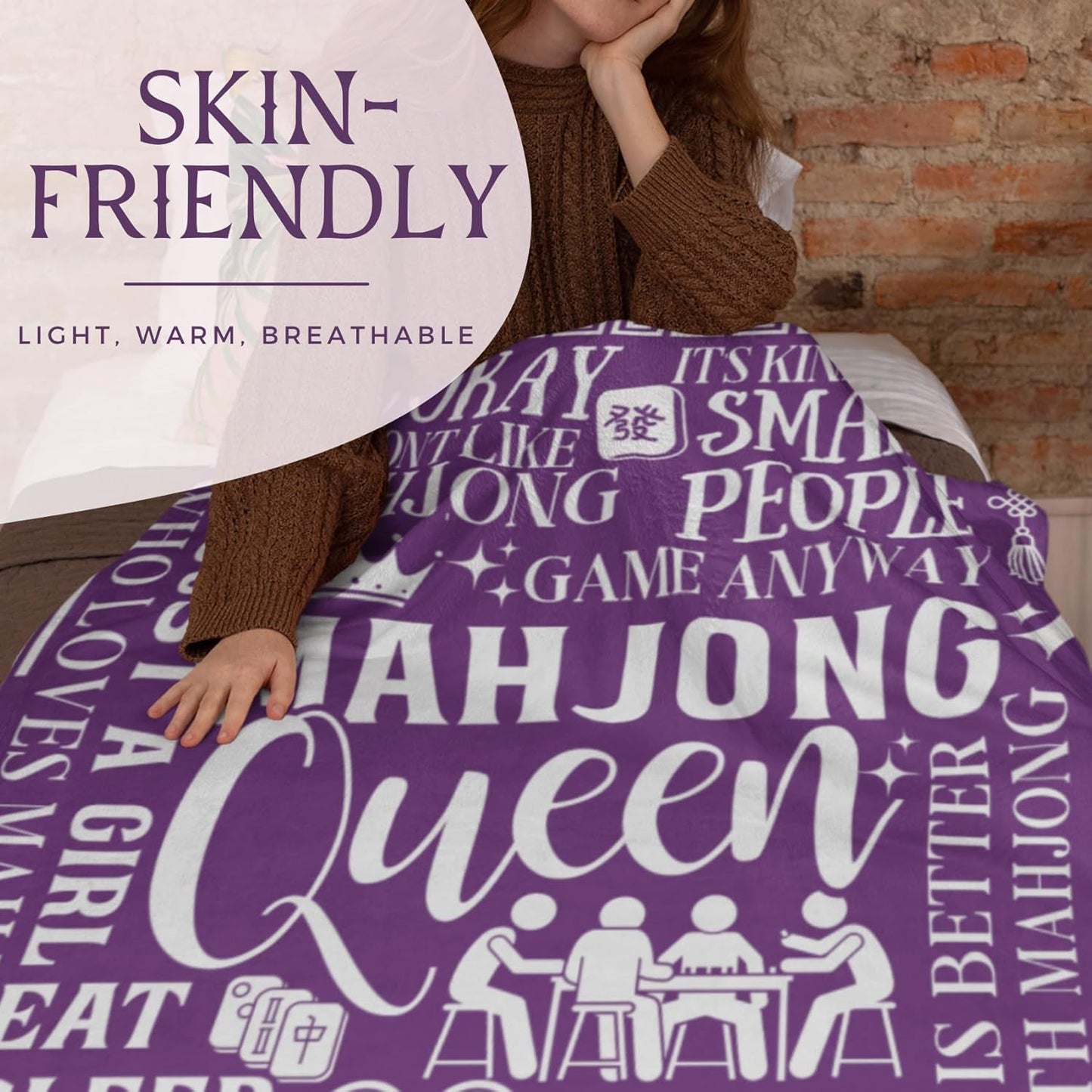 Mahjong Gifts for Women, Funny Mahjong Flannel Throw Blanket for Mahjongg Lovers, 50 x 65 Inch, Skin Friendly, Novelty Mahjongg Throw Blanket - Purple
