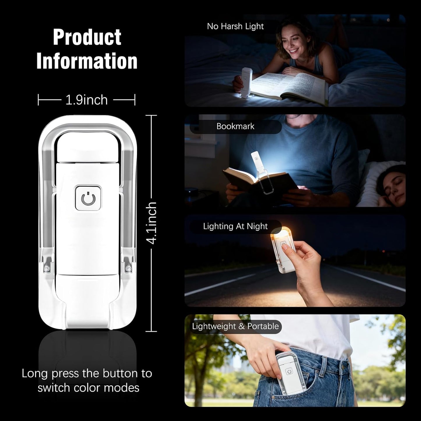12 Pack Reading Light,Rechargeable Book Light for Reading in Bed, Eye Caring 3 Color Temperatures,Compact Size Clip on Book Lamp for Book Lovers Kids Adults（White）