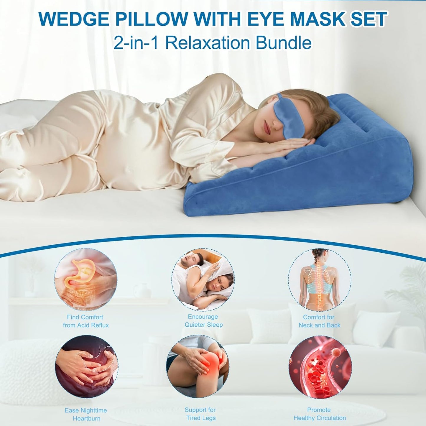 TheClover Inflatable Travel Wedge Pillow for Sleeping – Portable Neck & Back Support with Sleep Eye Mask, Adjustable Air Cushion for Airplane, Car, Office Use