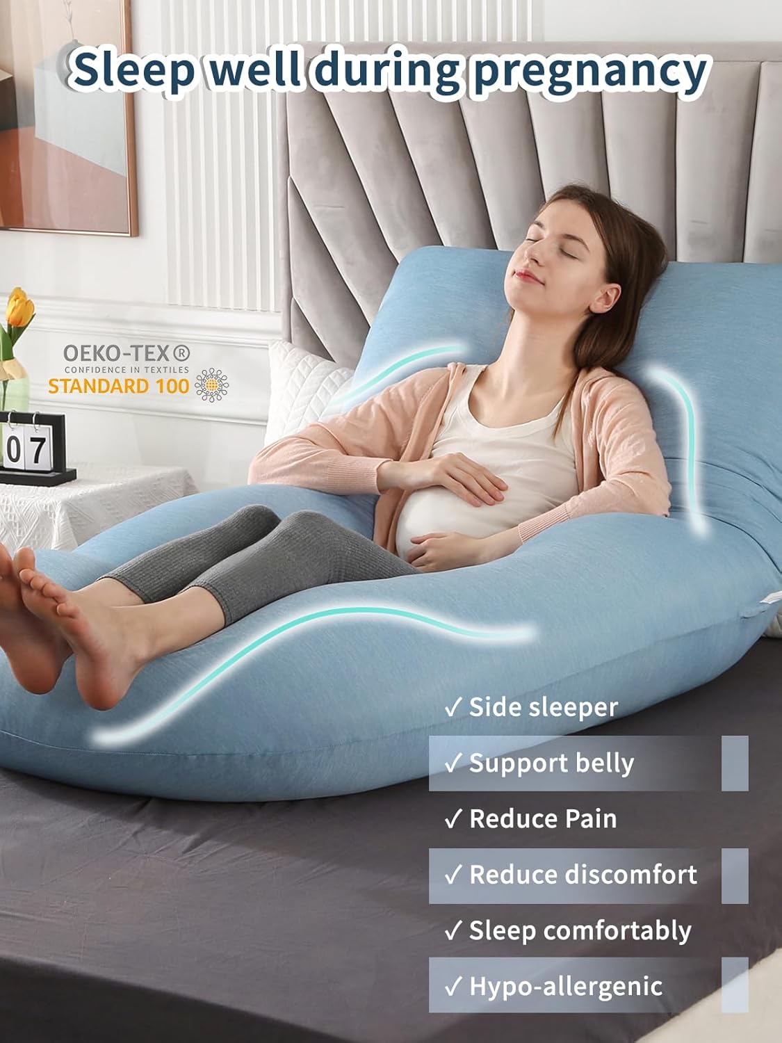 Wndy's Dream 60 inch Pregnancy Pillow with Removable Velvet Cover, Side J Type Full-Body Pillow for Back, Legs and Belly Support, Comfortable Slumber for Pregnant Women