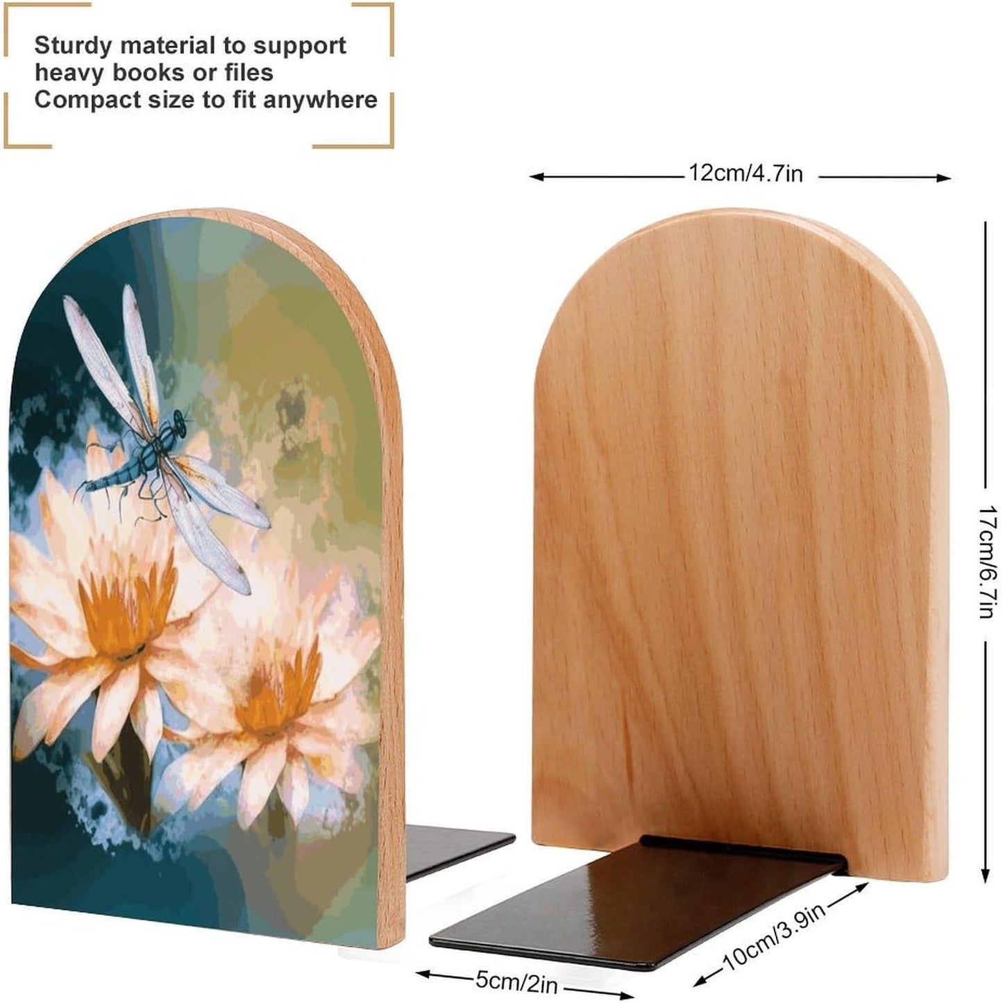 Flying Dragonflies Lily Flower Bookend for Shelves Wooden Book End Large Size Sturdy Book Holders Stoppers with Metal Base for Bookshelves Slick Decorative Bookends Stands