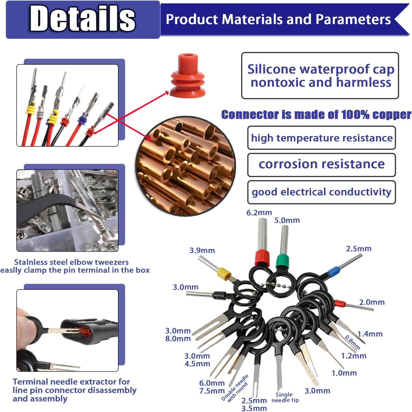 Connector Pins Kit Crimped Terminal Pin Automotive Car Electrical 1/1.5/1.8/2.2/2.3/2.5/2.8/3.5mm Male&Female Wire Seals Removal Tool kit Motorcycle ATV Wire Non-Insulated Plug Crimp Set