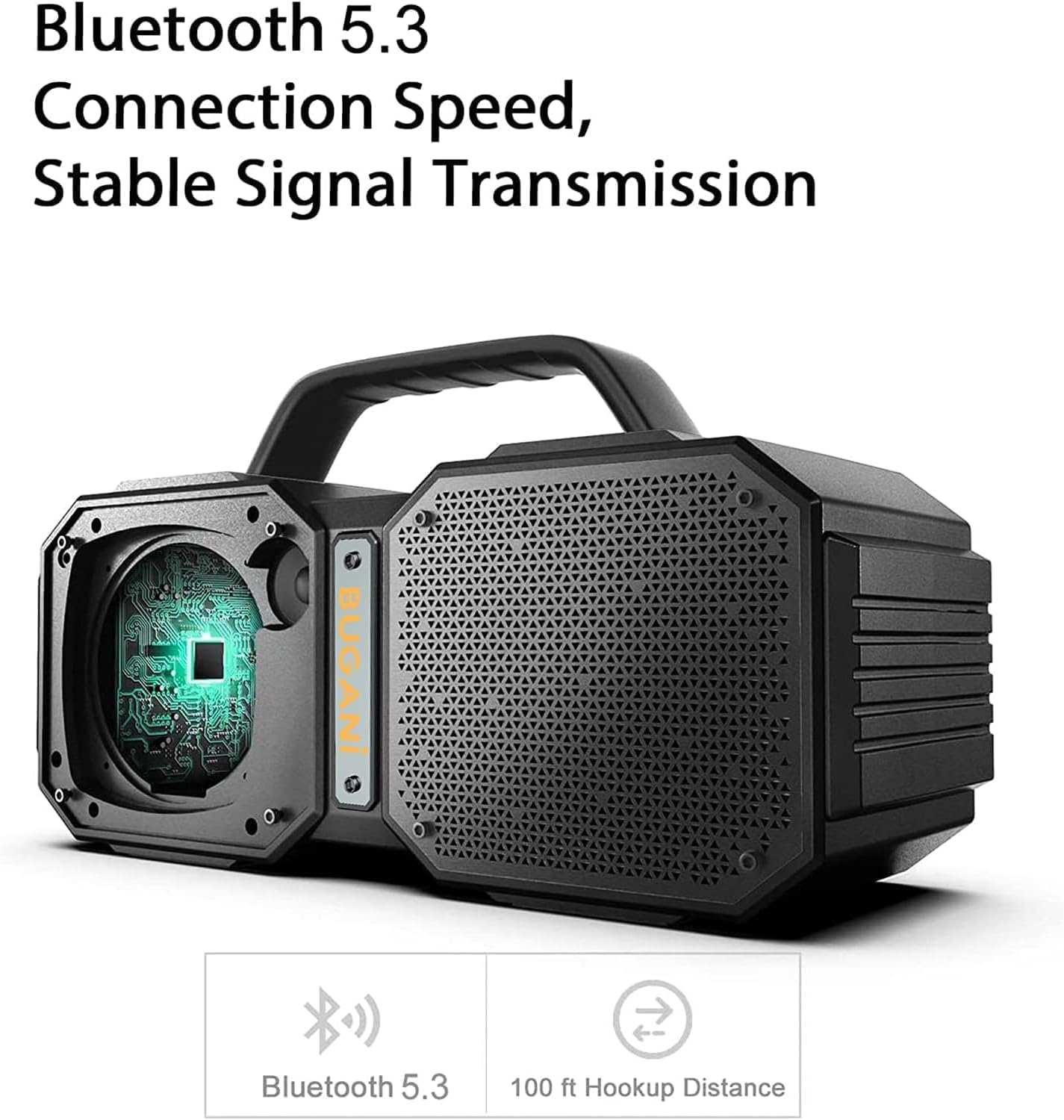 BUGANI Shock Bluetooth Speaker, Portable Bluetooth 5.3, Waterproof, 60W Super Power, Outdoor Speaker, Black(New Model)