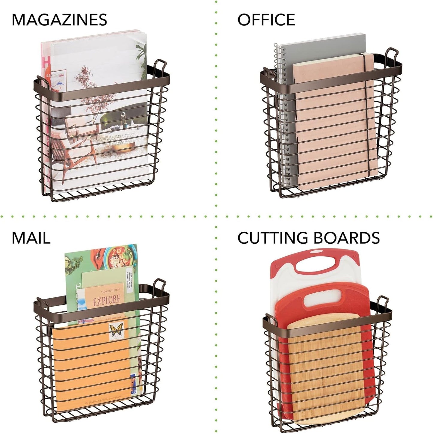 mDesign Metal Wire Farmhouse Wall Mount Magazine Holder, Home Storage Organizer - Space Saving Rack for Magazines, Books, Newspapers, Tablets in Mudroom, Bathroom, Office - Bronze