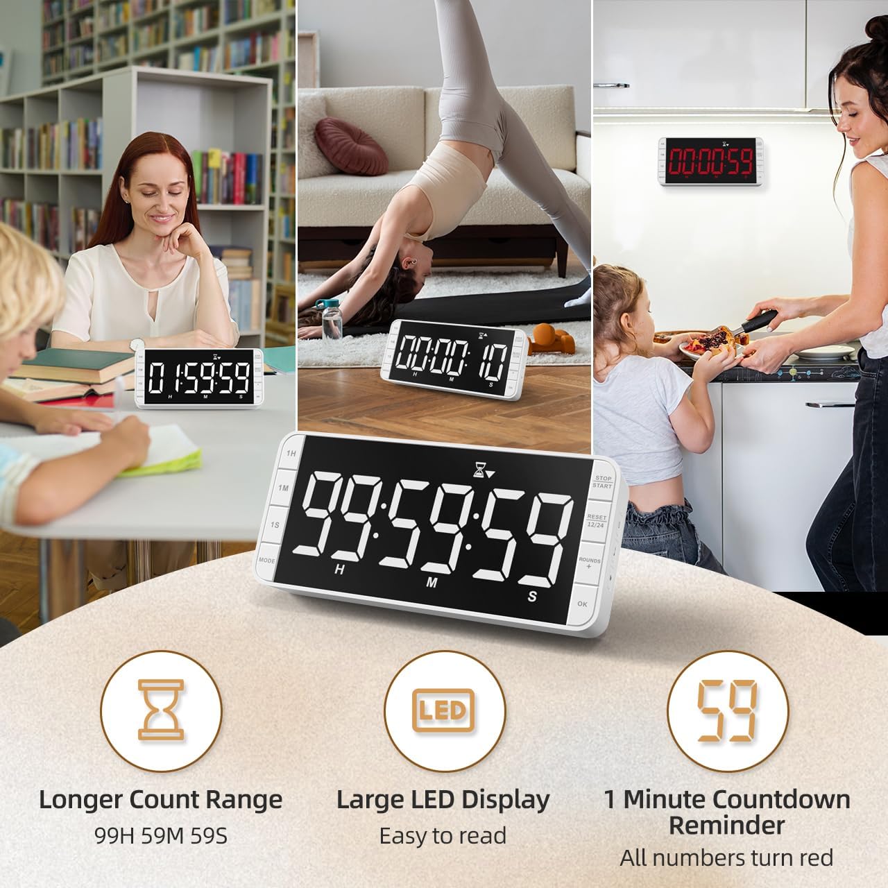 Rechargeable Kitchen Timer - 7.8" Extra Large Display, Magnetic LED, 5 Alarms, 99H Countdown/Countup for Cooking, Classroom, Home Gym