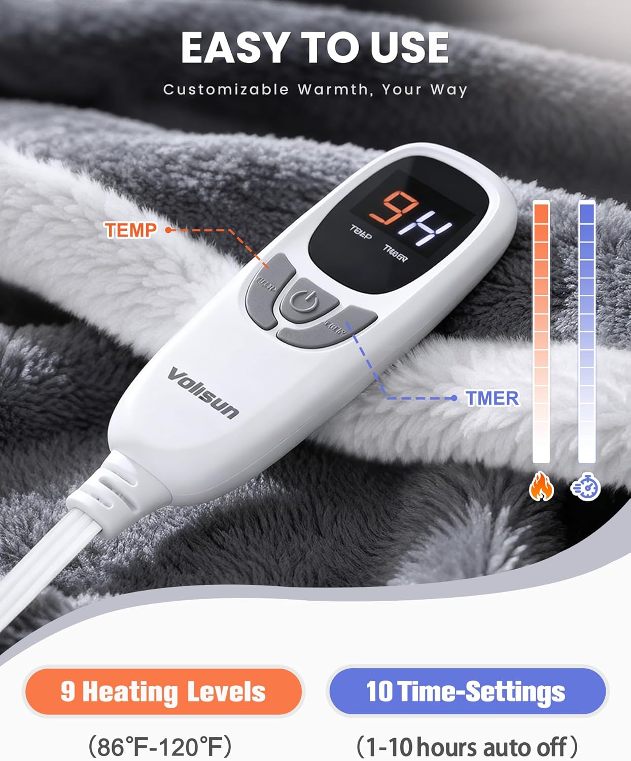 VOLISUN Wearable Heated Throw Blanket Electric Shawl,Heated Wrap Poncho Robes Hoodie for Adult,Birthday Christmas Gifts for Mom Women Grandma,9 Heating Levels & 1-10 Hours Time Settings,Grey