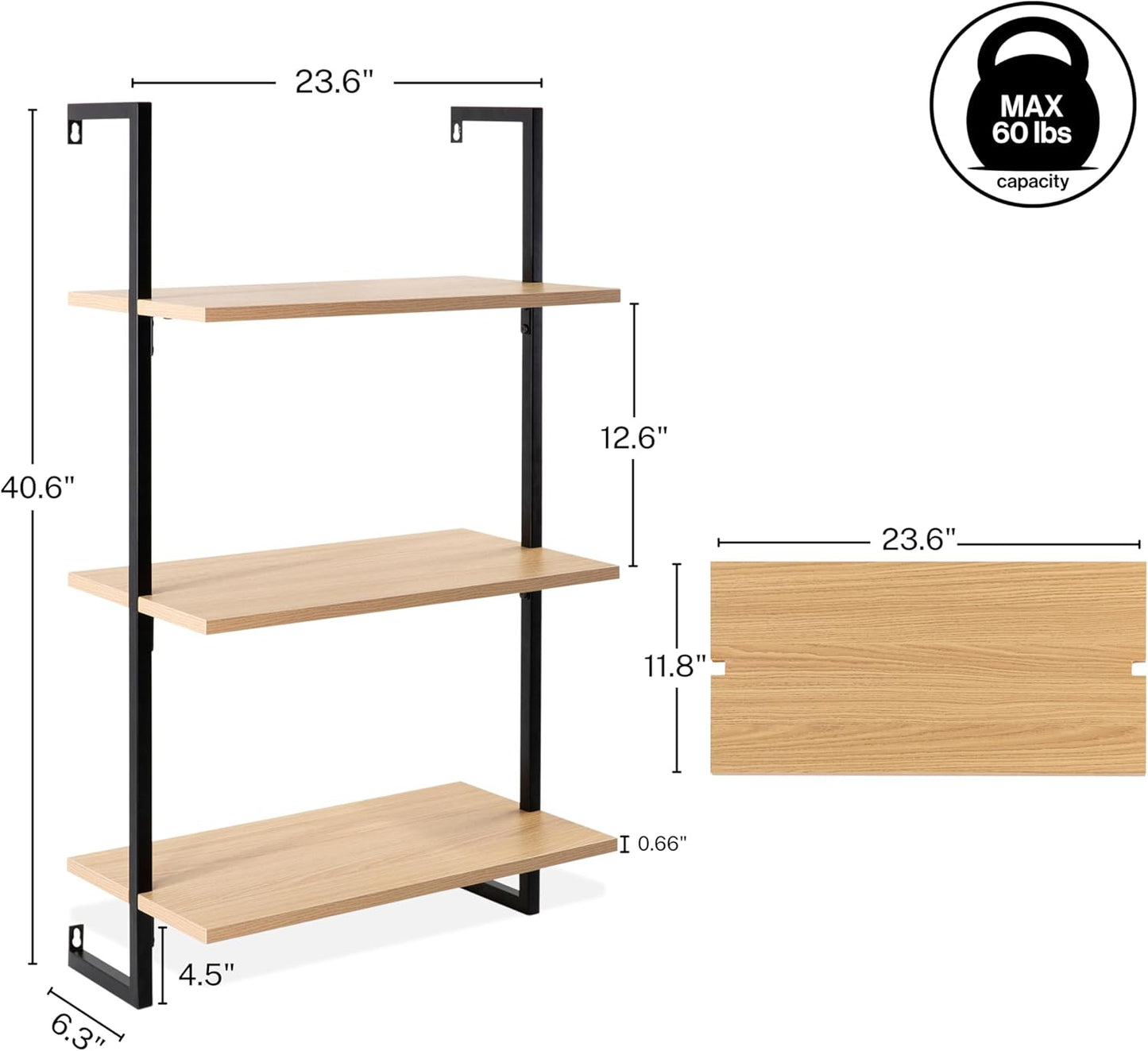 happimess MSH1000B Madera 40.55" Classic Industrial 3-Shelf Wood Wall-Mounted Open Ladder Bookcase with Metal Frame, Light Oak/Black