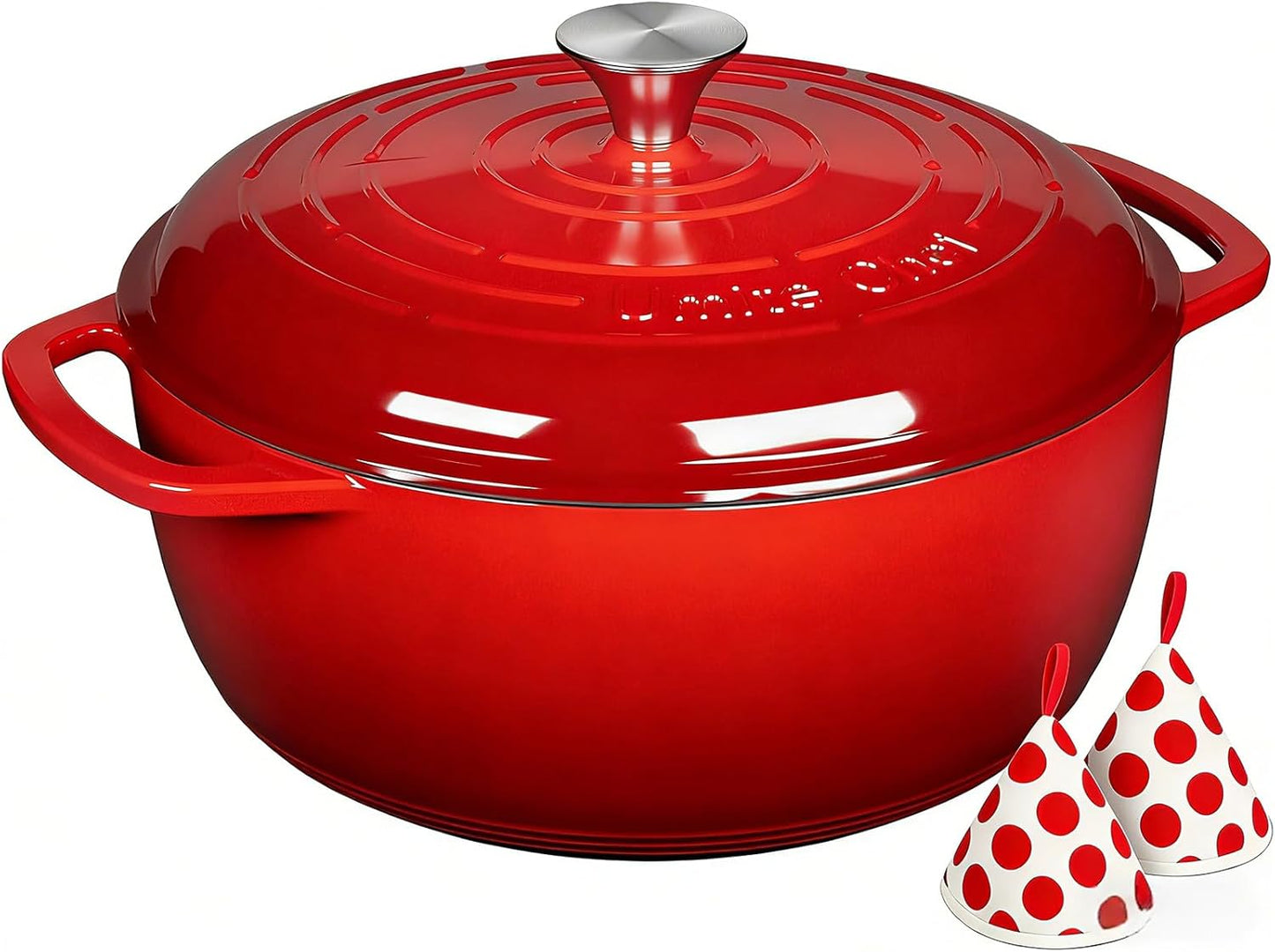 Umite Chef 6QT Enameled Cast Iron Dutch Oven with Lid, Versatile Heavy-Duty Cookware Pot for Baking Bread, Braising, Soups & Stews, Oven & Stovetop Safe with Heat Resistant Gloves（Red）