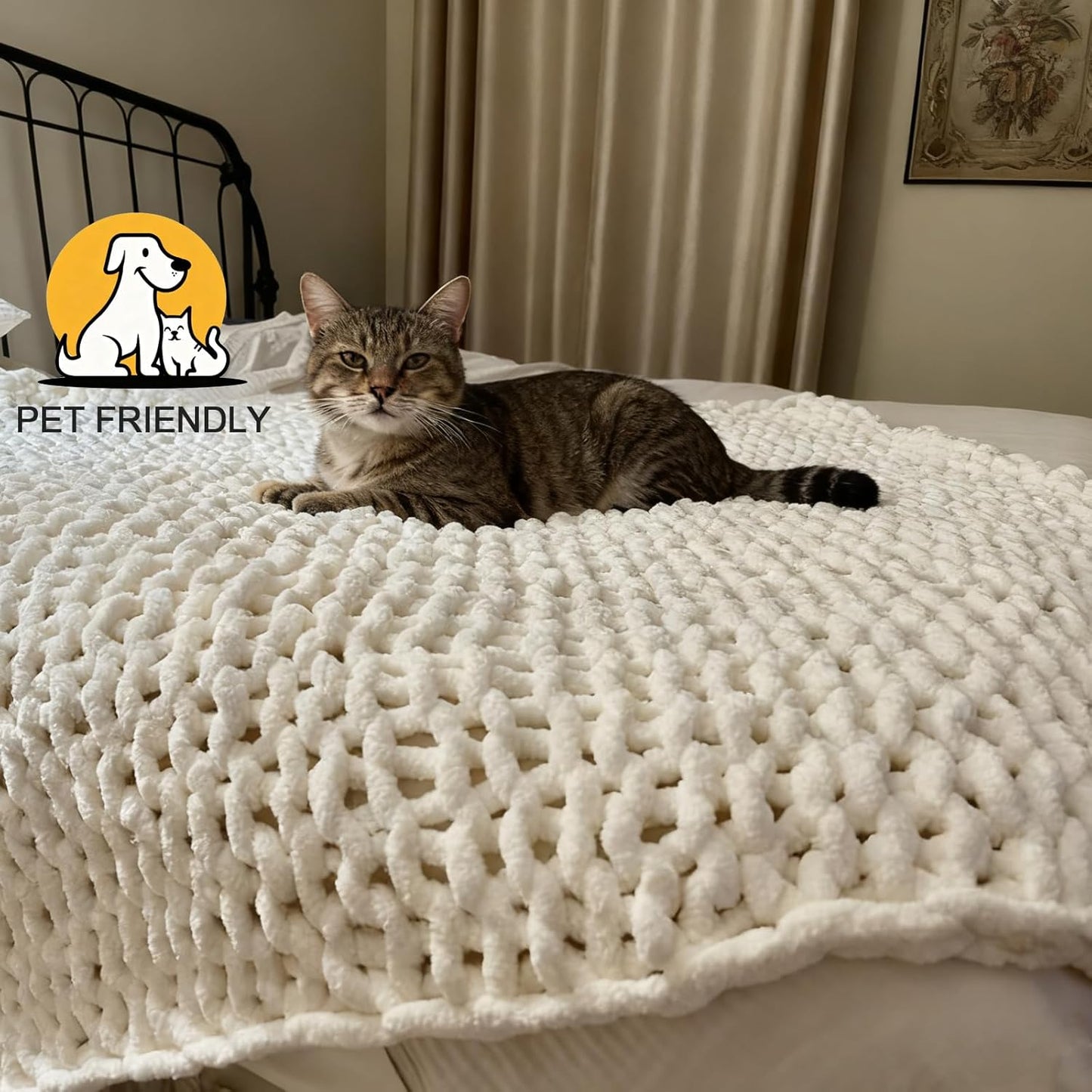 Luxury Super Chunky Knit Throw Blanket, Handmade Chenille Cable Knit Crochet Blanket 50x60, Soft Thick Chunky Yarn Knit Throw for Couch & Bed, No Shedding, Ivory/Cream Home Decor Gift