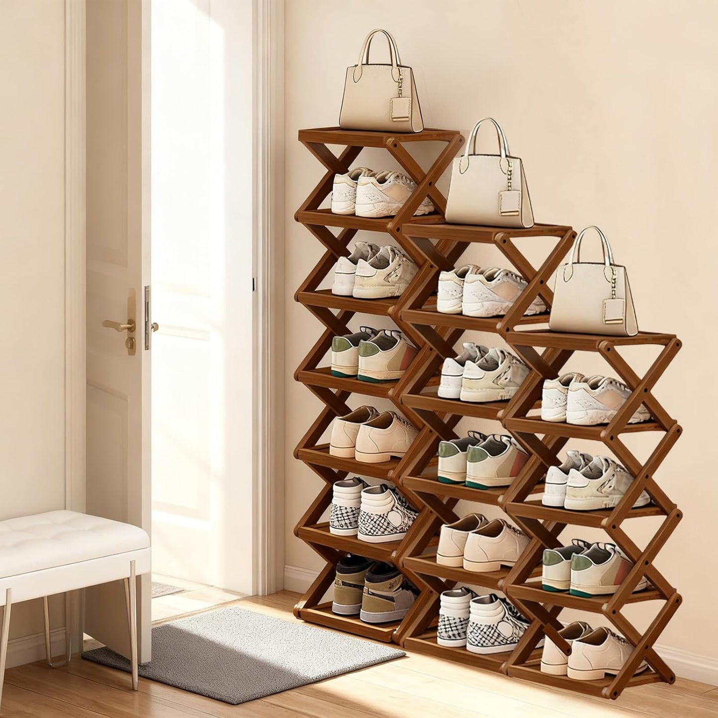 Simcat Bamboo Folding Shoe Rack for Entryway, Narrow Installation Free Dorm Closet Shoe Racks, Vertical Front Door Entrance Shoe Racks