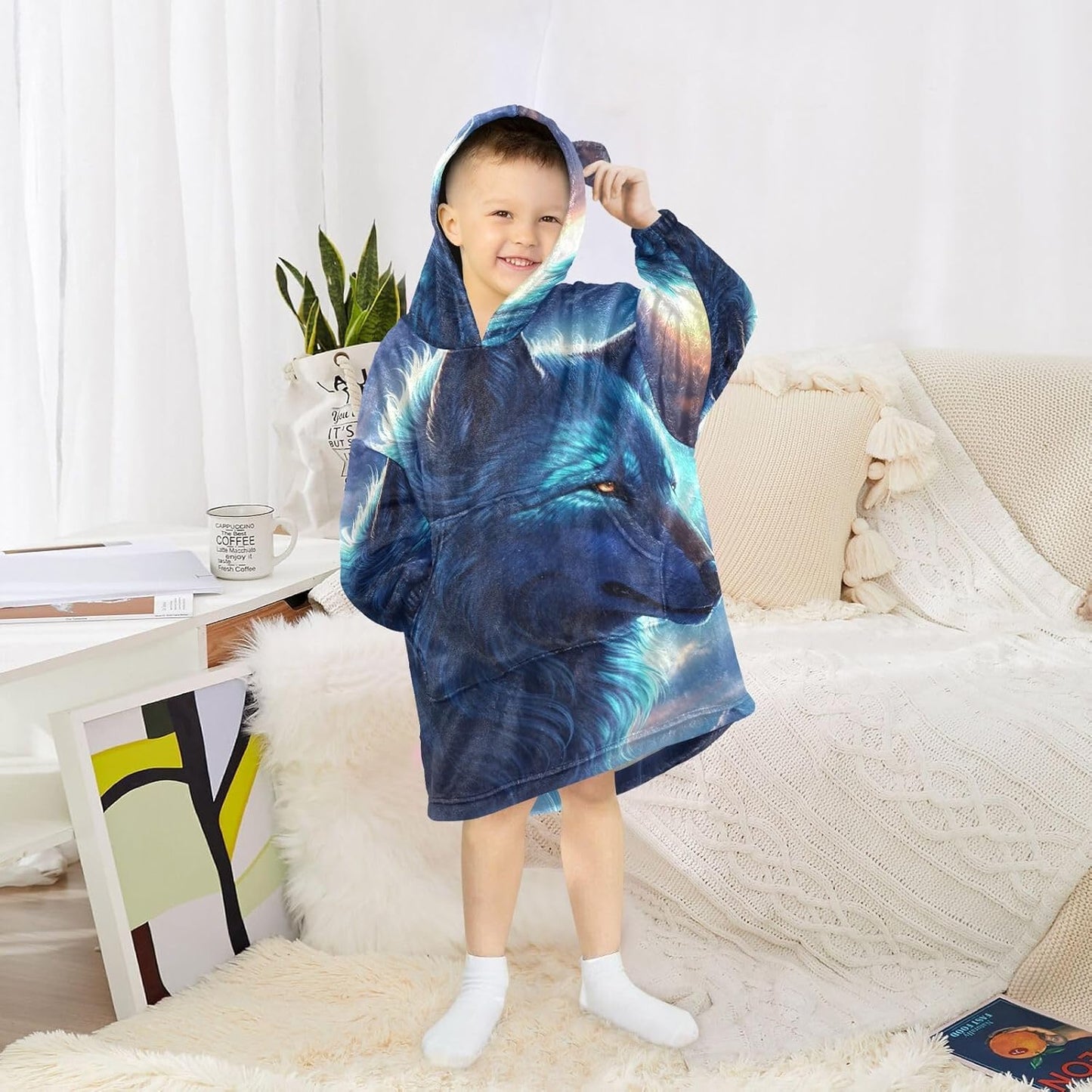 Wolf Wearable Blanket Hoodie for Kids Oversized Sherpa Hooded Blanket Cozy Warm Gift