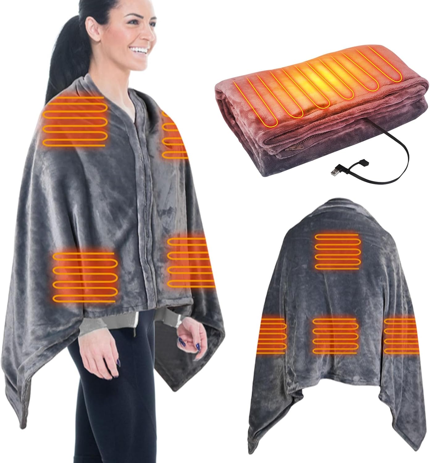 iMounTEK Electric Heated Blanket -59x31 inches USB Heated Blanket Poncho Shawl Wrap Throw with Zipper Poncho Shawl Wrap Throw for Home Office Sofa/Grey