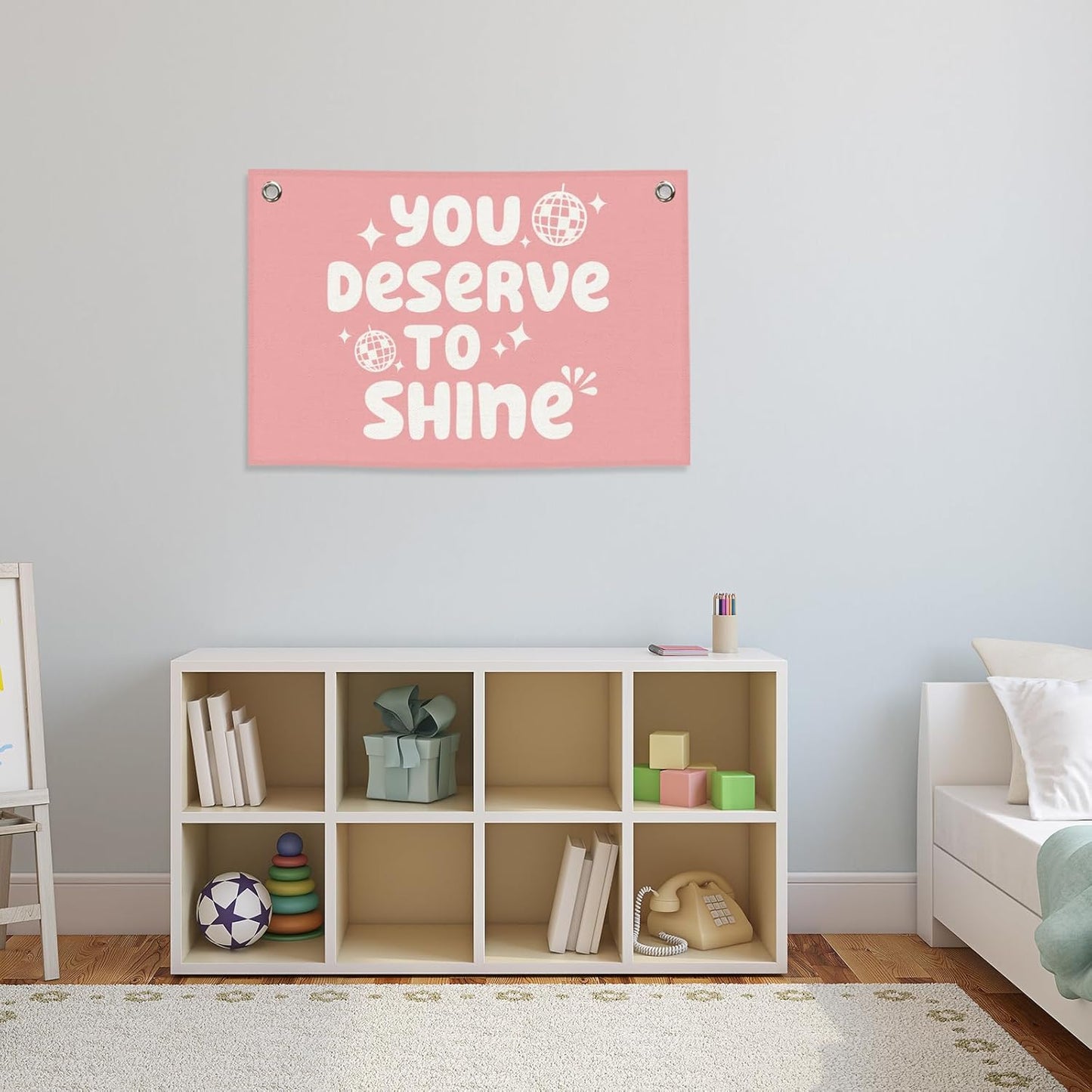 Pink Girls Kids Banner Canvas, Preppy Girly Toddler Room Decor, Inspirational You Deserve to Shine Hanging Flag Sign, Nursery Wall Tapestry Art for Baby Shower Playroom Bedroom Decor 20x30in