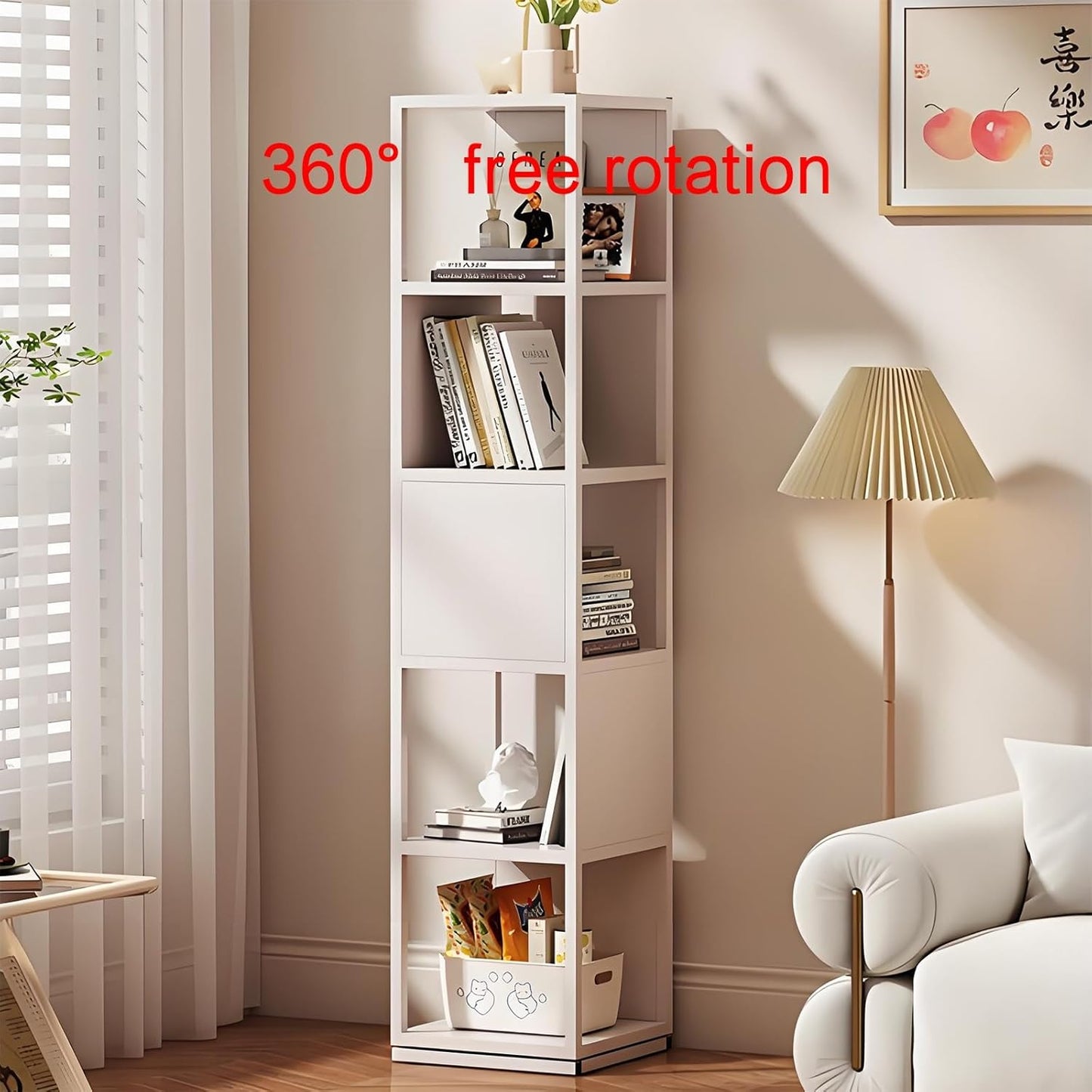 Rotating bookshelf,book shelf,rotating bookshelf,bookshelves,spinning bookshelf,metal bookshelf,rotating book shelf,Suitable for living room, bedroom, study, office, living room corner(White,30x30x63c