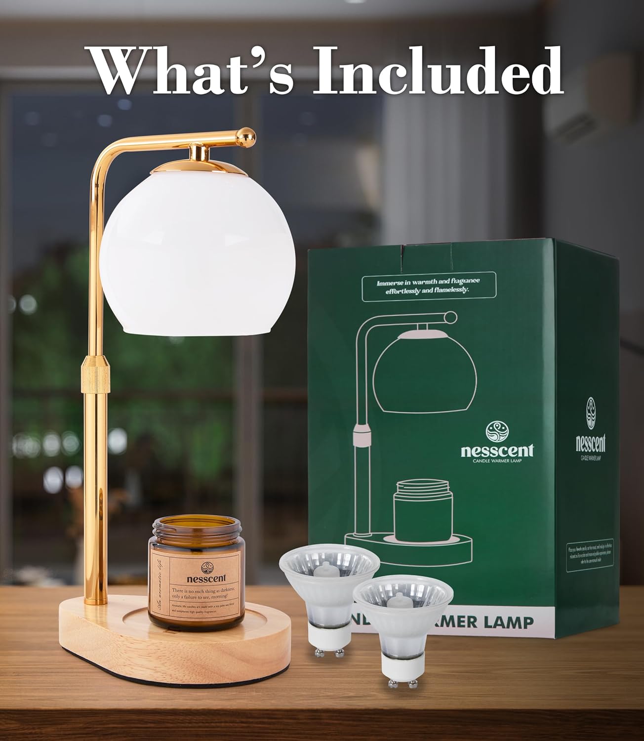 White Glass Candle Warmer Lamp Adjustable Height Dimmer 2 4 8 Hour Timer Natural Wood Base Wax Melter Includes Scented Candle and 2 Bulbs for Bedroom Living Room Modern Minimalist Decor