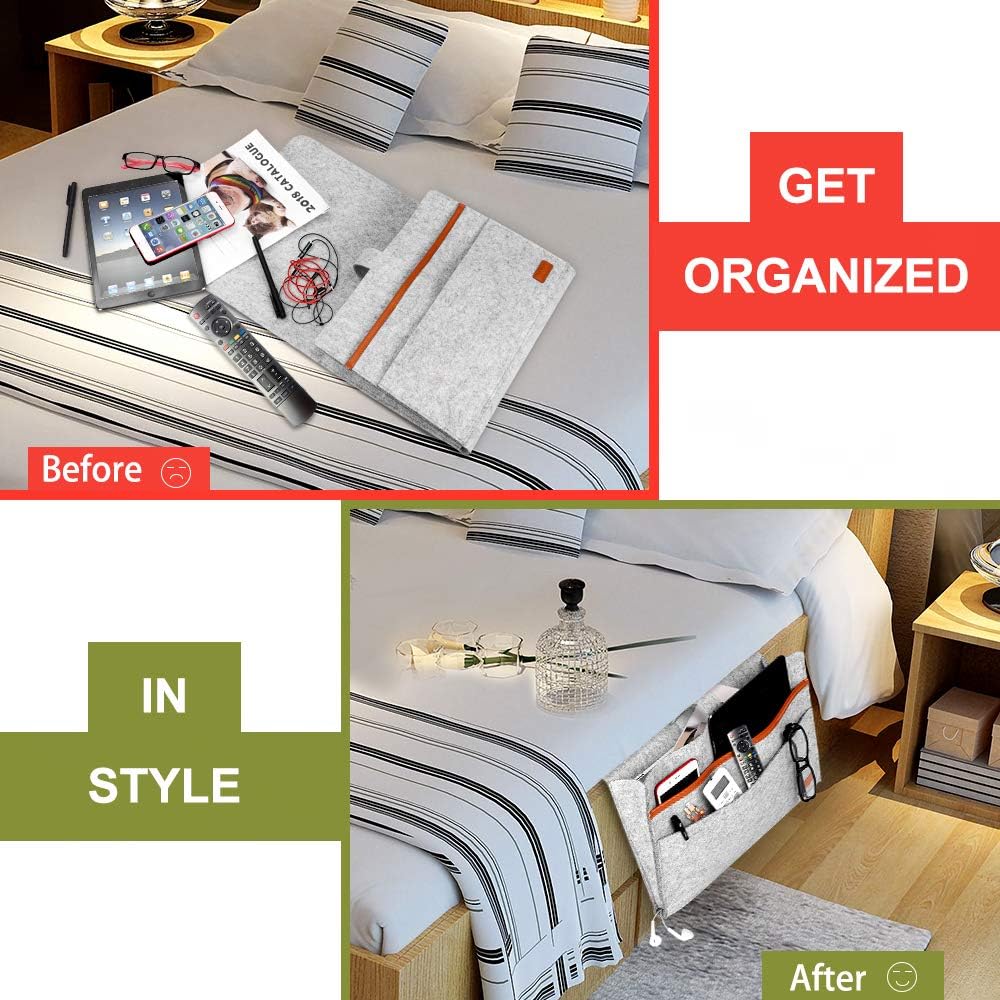 Bed Organiser, Felt Bed Bag, Non-Slip Bedside Bag, Sofa Bed Hanging Storage for Book, Magazines, iPad, Mobile Phone, Remote Control, Light Grey