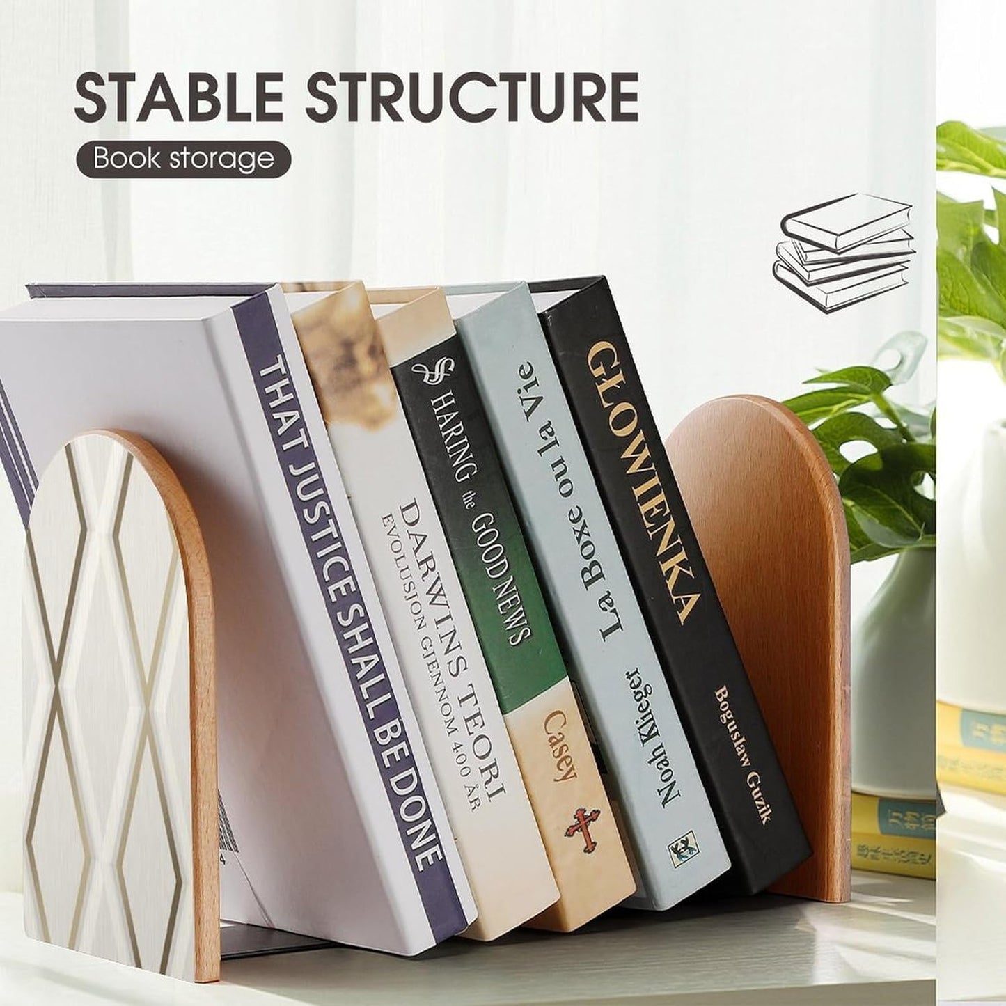 Profile Geometric Ivory Gold Wooden Bookend Non-Slip Book Ends Heavy Duty Book Stopper with Metal Base Books Holderd Decorative Bookends Stands Firmly for Office Supplies