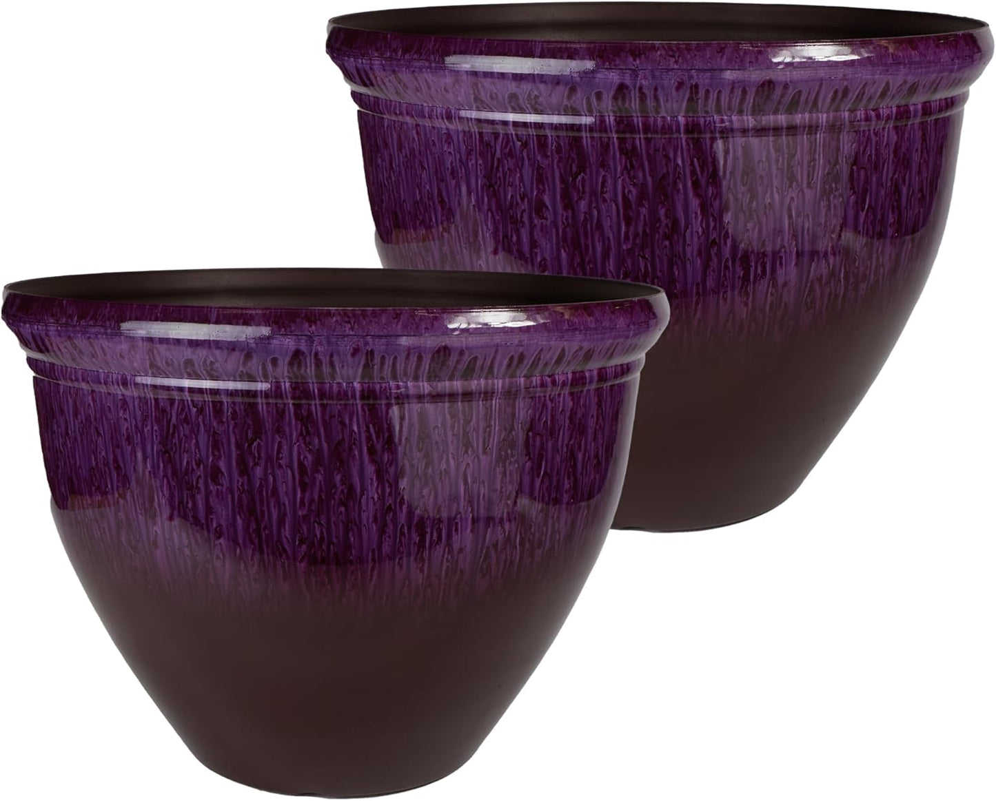 The HC Companies 12 Inch Pizzazz Round Planter Pots with Ceramic Look, Lightweight UV-Resistant Plastic Indoor & Outdoor Planters, 2-Pack Flower Pots for Garden & Home Decor, Purple Violet
