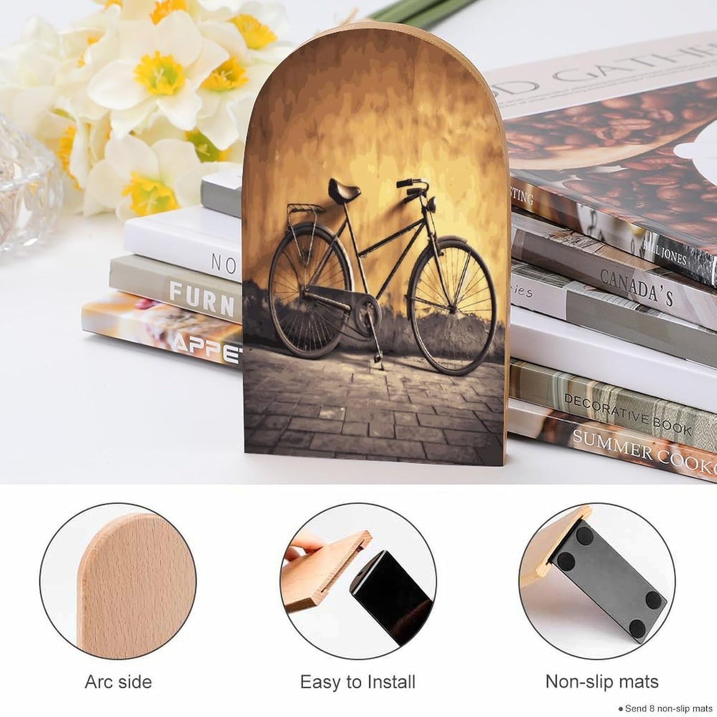 Old Bicycle Bookends 1 Pair Heavy Duty Book Ends for Shelves Non-Skid Bookend Supports Wooden Book Holders with Metal Base Desk Organizers Books Storage to Hold Books