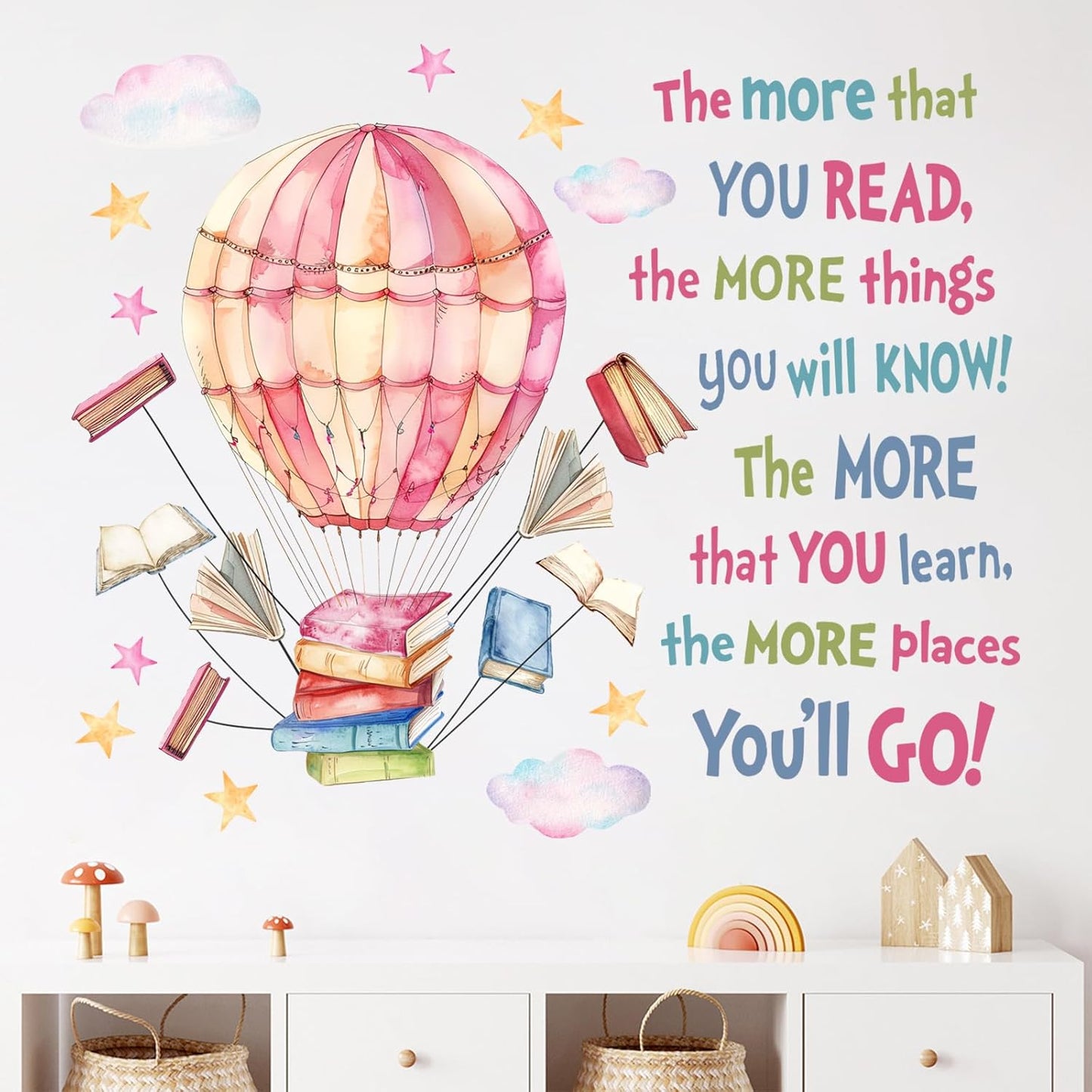 Mfault Reading Book Nook Hot Air Balloon Wall Decals Stickers, Inspirational Quote Cloud Stars Nursery Reading Corner Decorations Kids Bedroom Art, Motivational School Classroom Playroom Home Decor