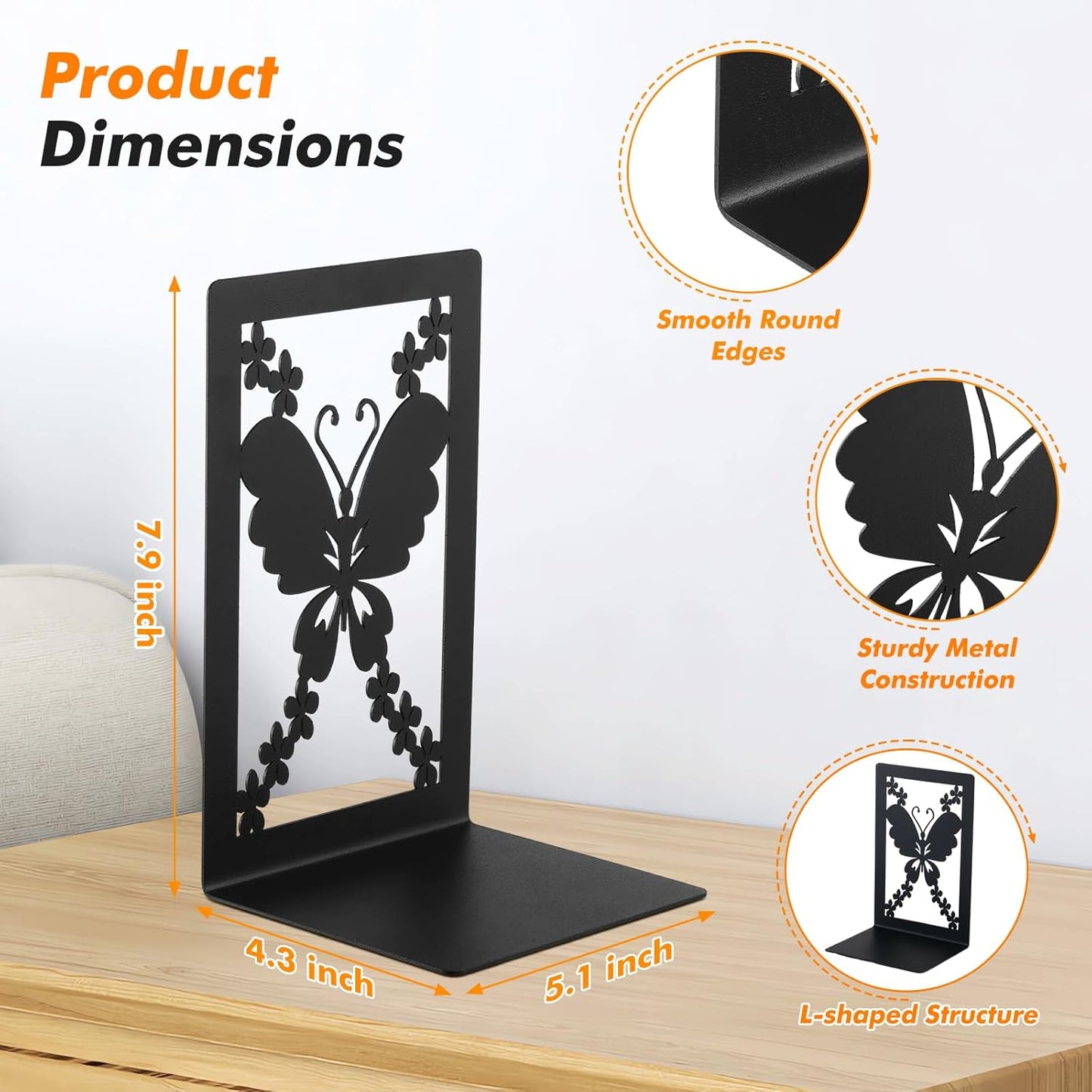Aertiavty Butterfly Bookends 2 Pcs, Large Heavy Duty Metal Bookends for Shelves, Non-Skid Book Ends Decorative for Heavy Books, Book Holder for Home Office, Morden Book Stopper 7.9"x 4" x 5", 1 Pair