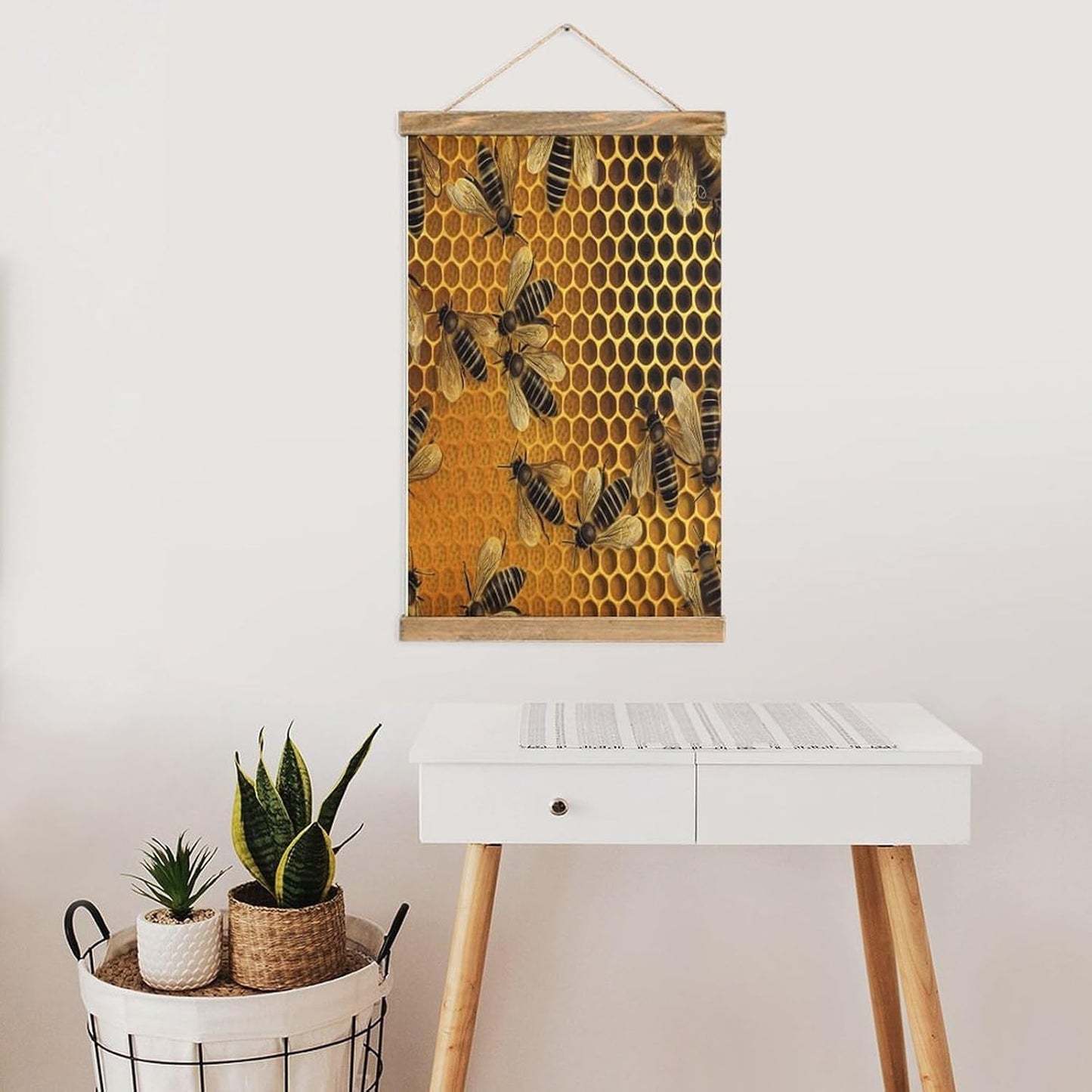 Vintage Bees on Hive Poster with Wooden Frame Personalized Linen Hanging Scroll Painting Rustic Wall Hanging Illustrative Modern Artwork Decor for Home Living Room Bedroom Office