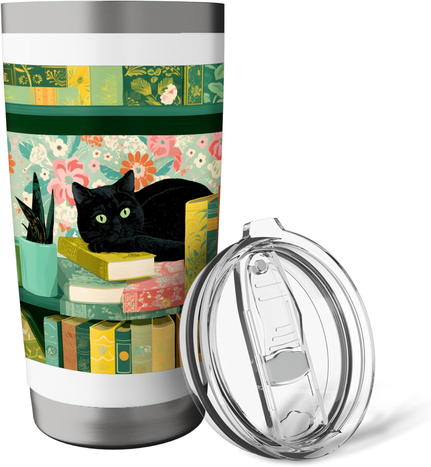 Lounging Cat on Vintage Bookshelf with Plant and Florals Stainless Steel Insulated Tumbler