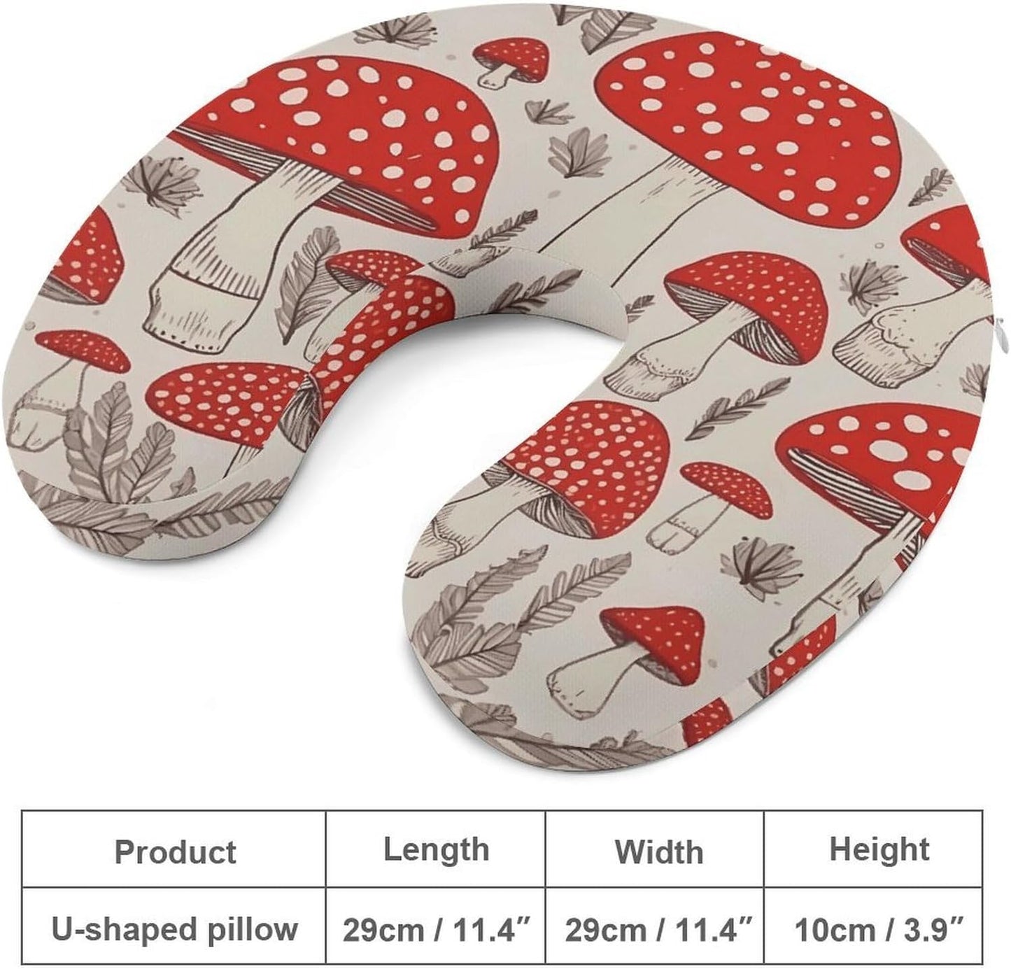 Red White Mushroom Neck Pillow Memory Foam U Shaped Pillows Portable Pillows for Shoulder Travel Head Support Pillow with Concealed Zipper for Airplane Car Home Office