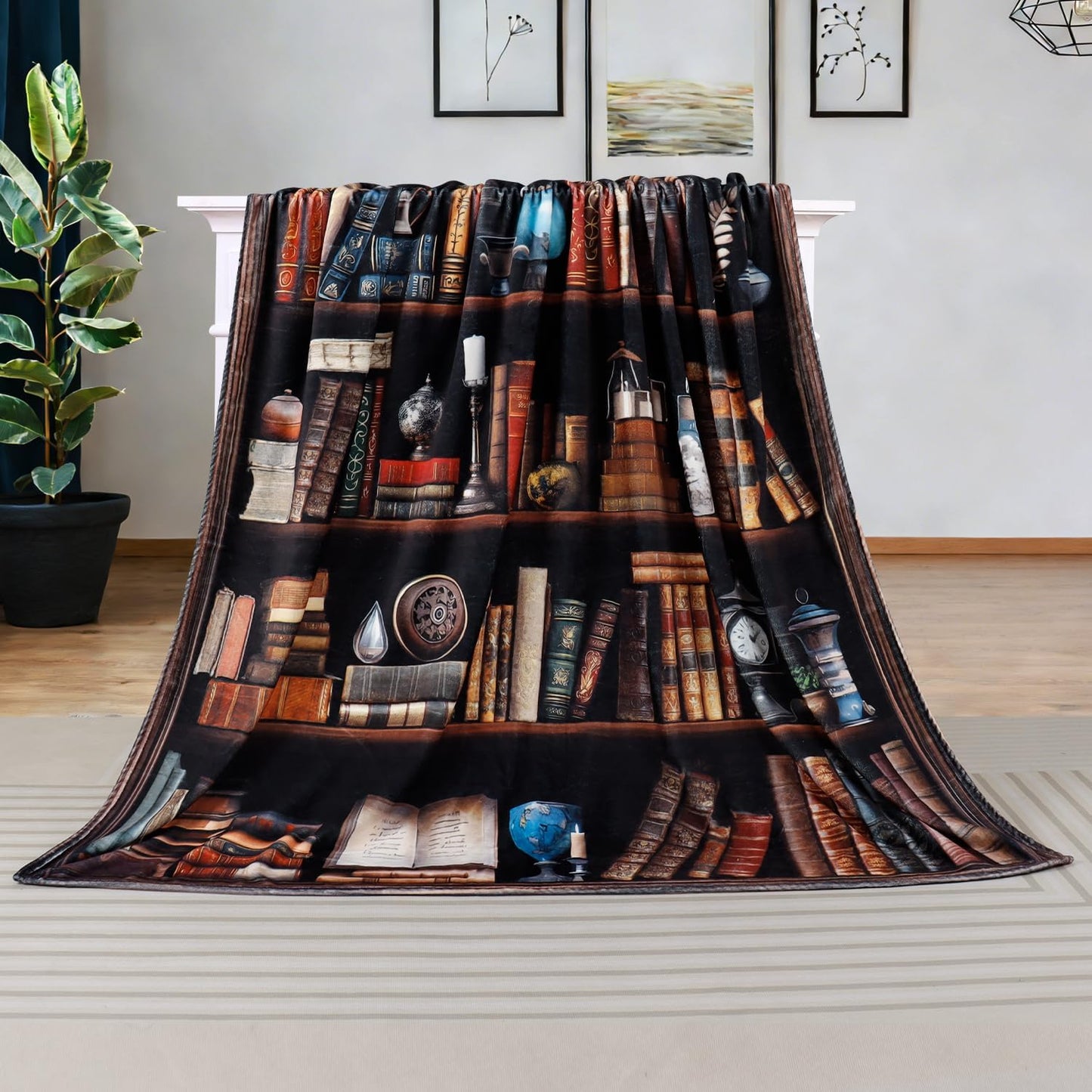 Vintage Bookshelf Throw Blanket Reading Book Blanket for Book Lovers Lightweight Warm Cozy Fuzzy Plush Flannel Blanket Library Bookcase Throw Blanket for Bed Chair Couch 50" X 60"