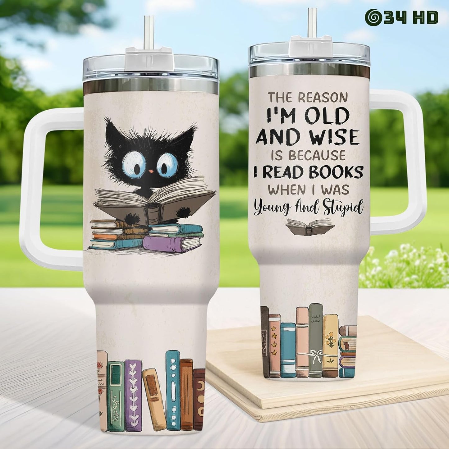 34HD Cat Book Tumbler 40oz with Handle Lid and Straw, Funny Once Upon a Time Girl Loves Bookish Items Vacuum Insulated Travel Mug, Birthday & Mother's Day Gifts for Pet Lovers & Him Her