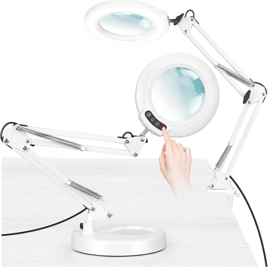 12X Magnifying Glass with Light and Stand (No Acrylic Lens), 2-in-1 Lighted Magnifier with Clamp 5 Color Modes Dimmable LED Desk Lamp Hands Free for Painting Craft Sewing Hobby Close Work White