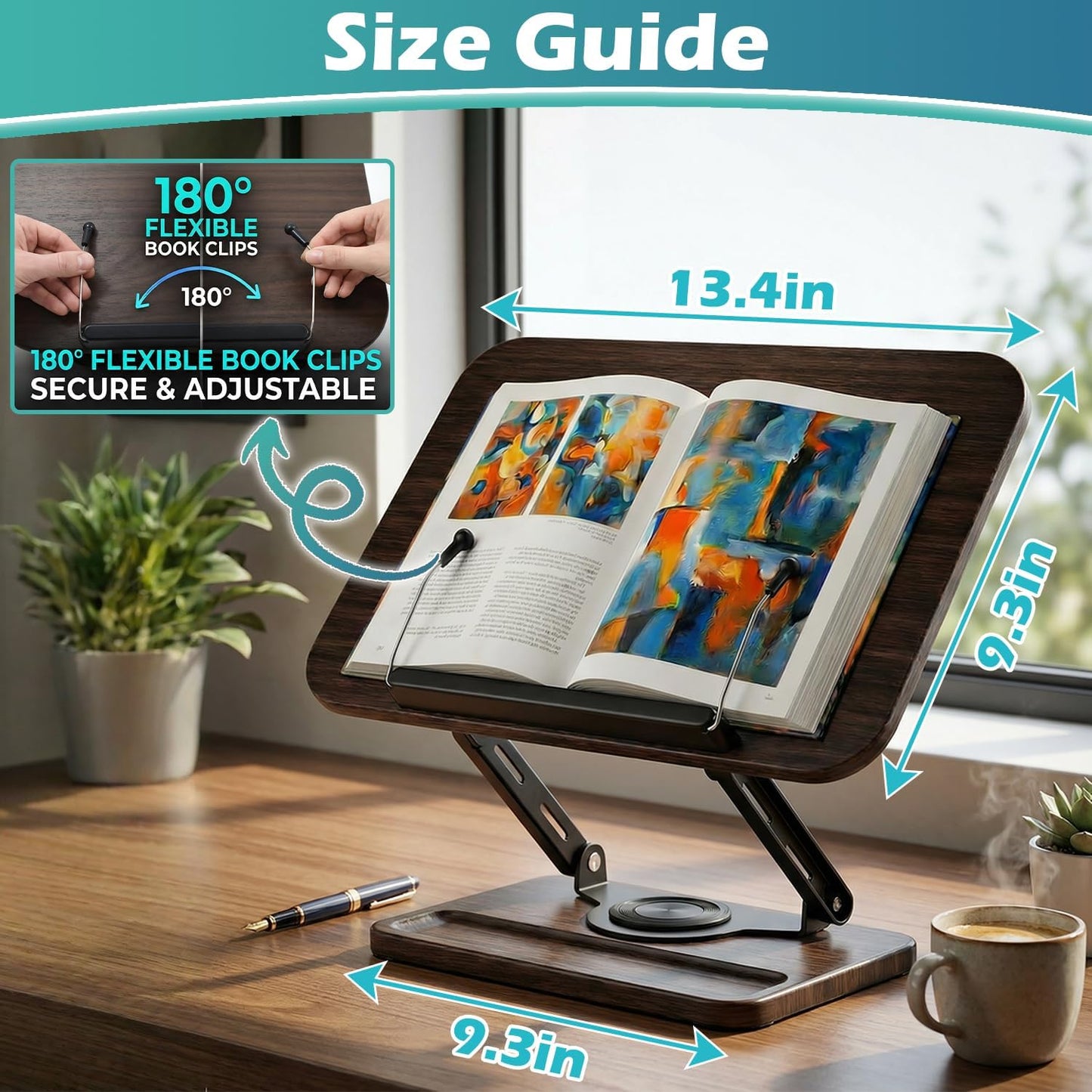 360° Rotating Book Stand, Adjustable Reading Shelf with 180° Flexible Book Clips, Wood Grain Desktop Holder, Multi-Angle Desktop Book Holder for Reading Cookbook Recipe