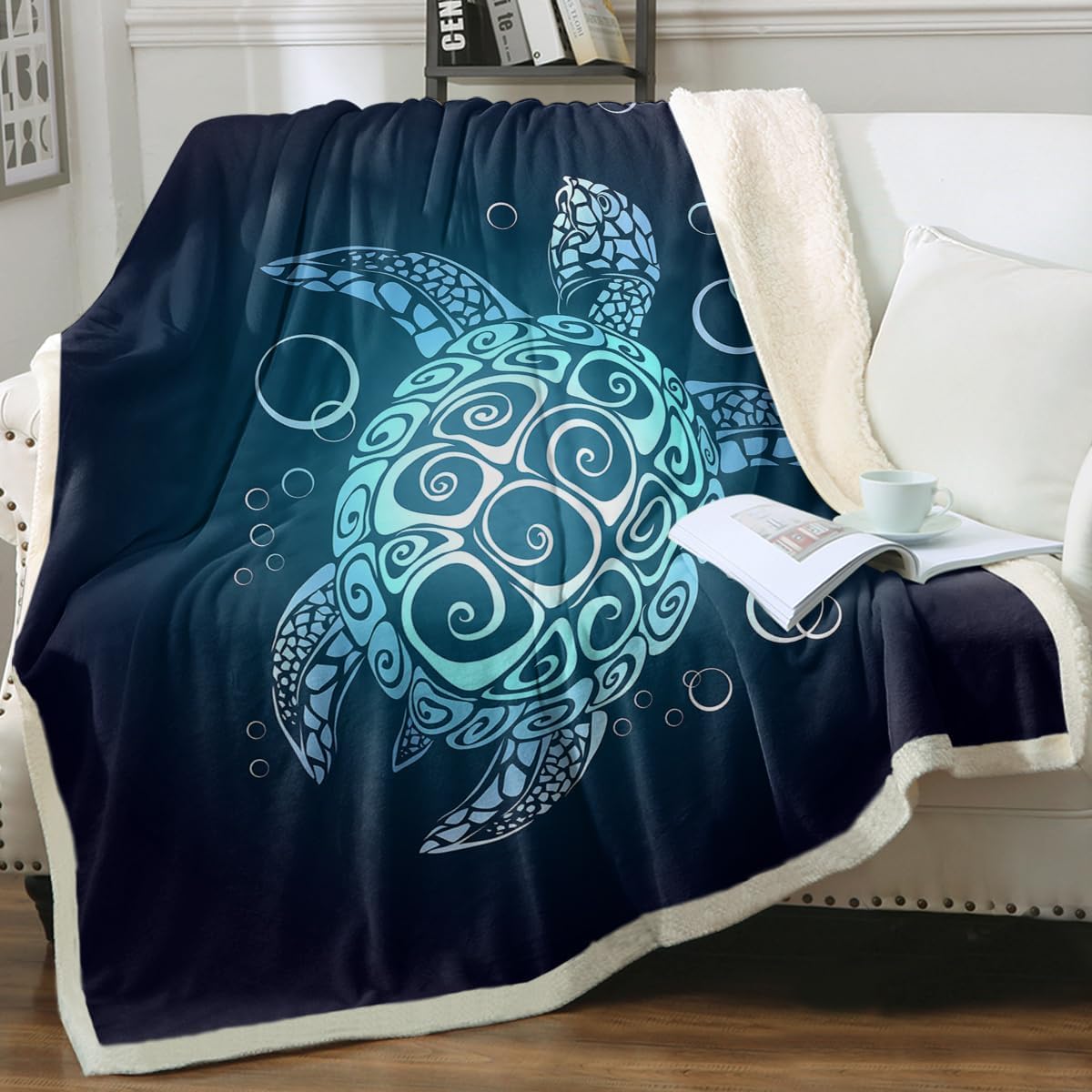 Sleepwish Sea Turtle Fleece Throw Blanket Soft Beach Theme Teal Turquoise Plush Sherpa Blanket for Couch Chair, Sea Turtle Gifts for Women (50" X 60")