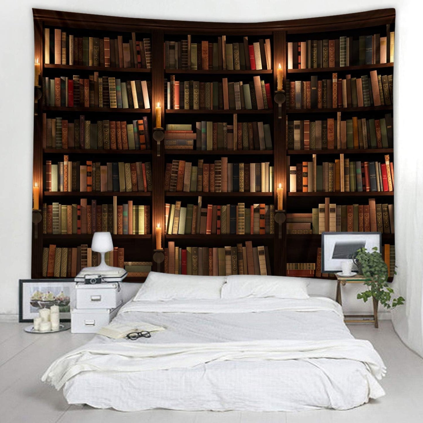Old Bookshelf Candle Print Fabric Tapestry Decorative Wall Art Tablecloth Bedspread Picnic Blanket Beach Throw Blanket Multifunctional for Bedroom Hall Dormitory Living Room Hanging 59 x 51 inches
