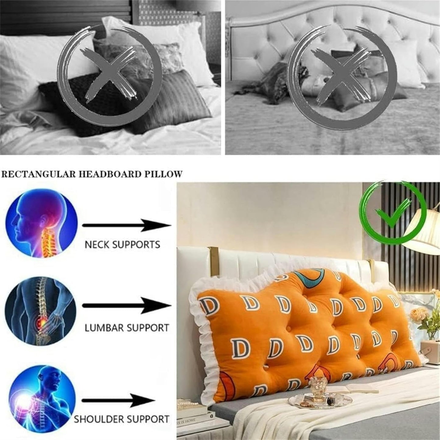 Large Bed Rest Positioning Support Pillow, Removable Day Bunk Bed Wedge Headboard Reading in Bed Bolster Lumbar Cushion Bed Rest Pillows(Orange,180x70cm)