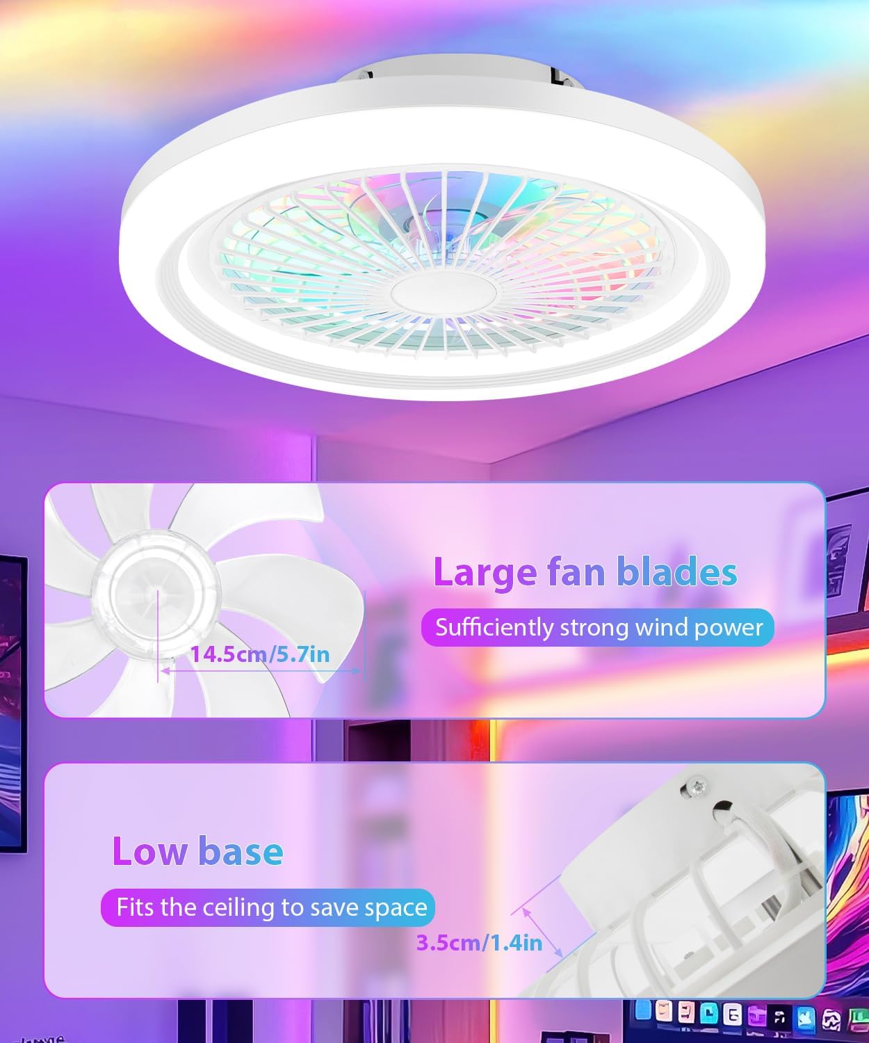 2-in-1 Low Profile Ceiling Fan with Light, 20” Caged Safety Design for Kids - Back RGB Color, Smart APP/Remote Control, Quiet Flush Mount DC Motor, Ideal for Bedroom/Living Room/Kitchen, White