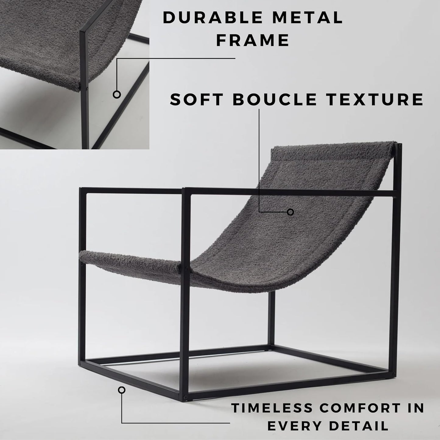 Modern Designer Luxury Boucle Accent Chair with Metal Cube Frame - Minimalist Cozy Lounge Armchair - Relaxing Lazy Hammock Style (Anthracite)
