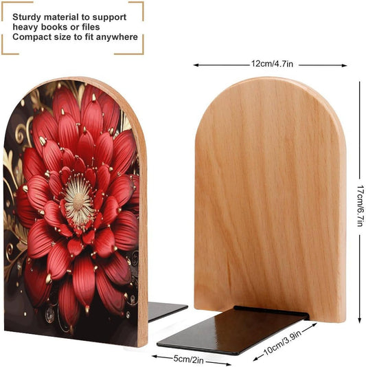 Red Gold Flower Bookend for Shelves Wooden Book End Large Size Sturdy Book Holders Stoppers with Metal Base for Bookshelves Slick Decorative Bookends Stands