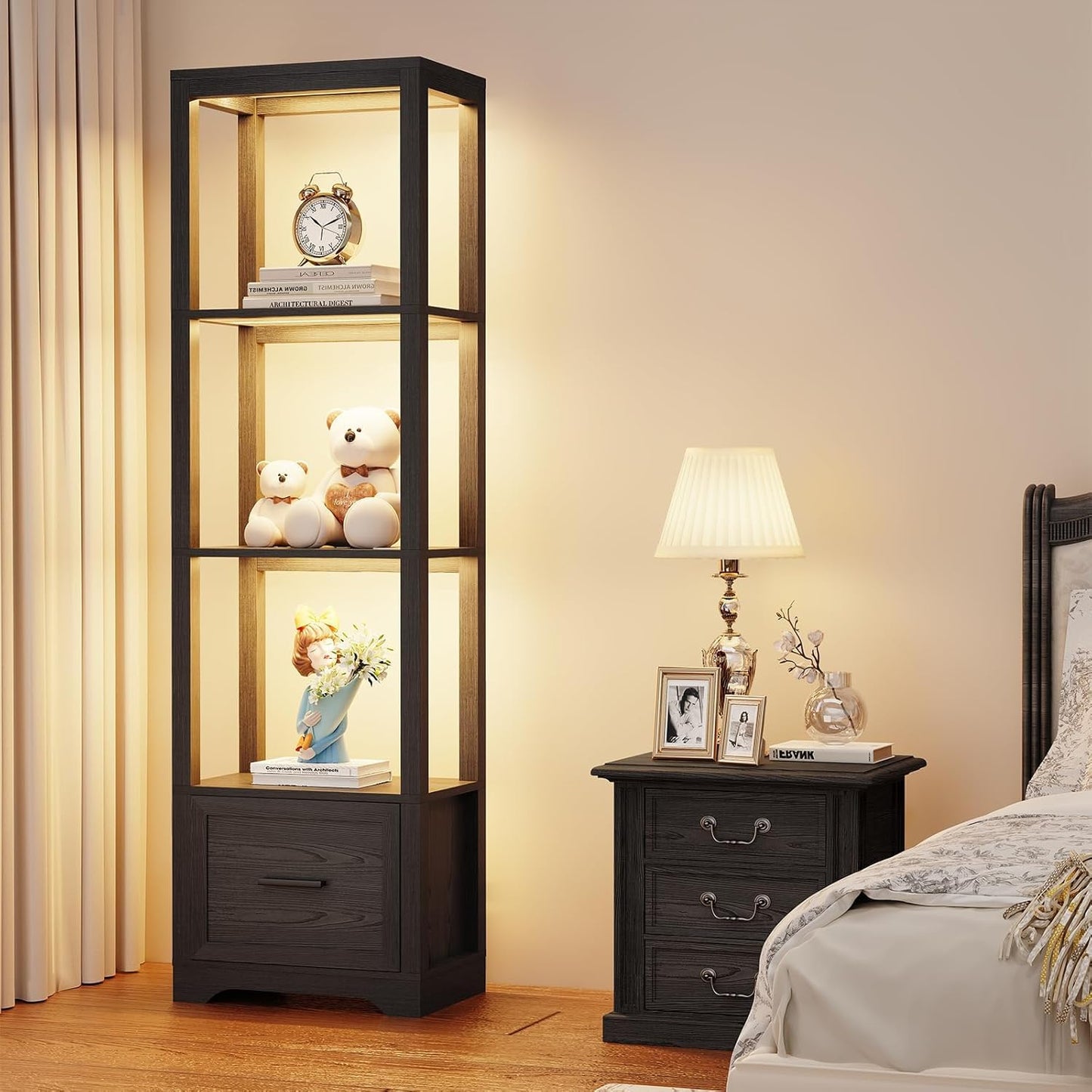 Display Shelf with 3 Color Light, Bookshelf with Drawer, Dimmable Display Cabinet for Collectibles, Bookcase, Display Case for Books, Trophies, Toys, Black