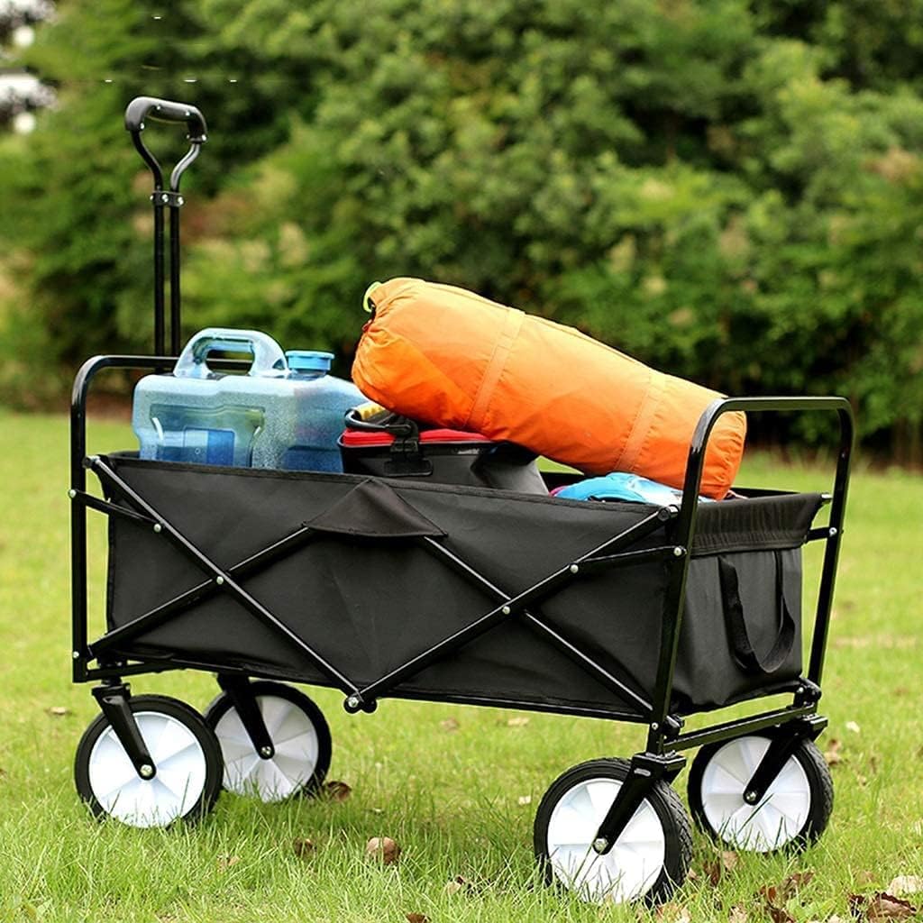 Utility Wagon Portable Camping Cart Collapsible Hand Cart with 4 Wheels and Adjustable Push Handle Load-Bearing 100kg / 220lbs (Color : Black)